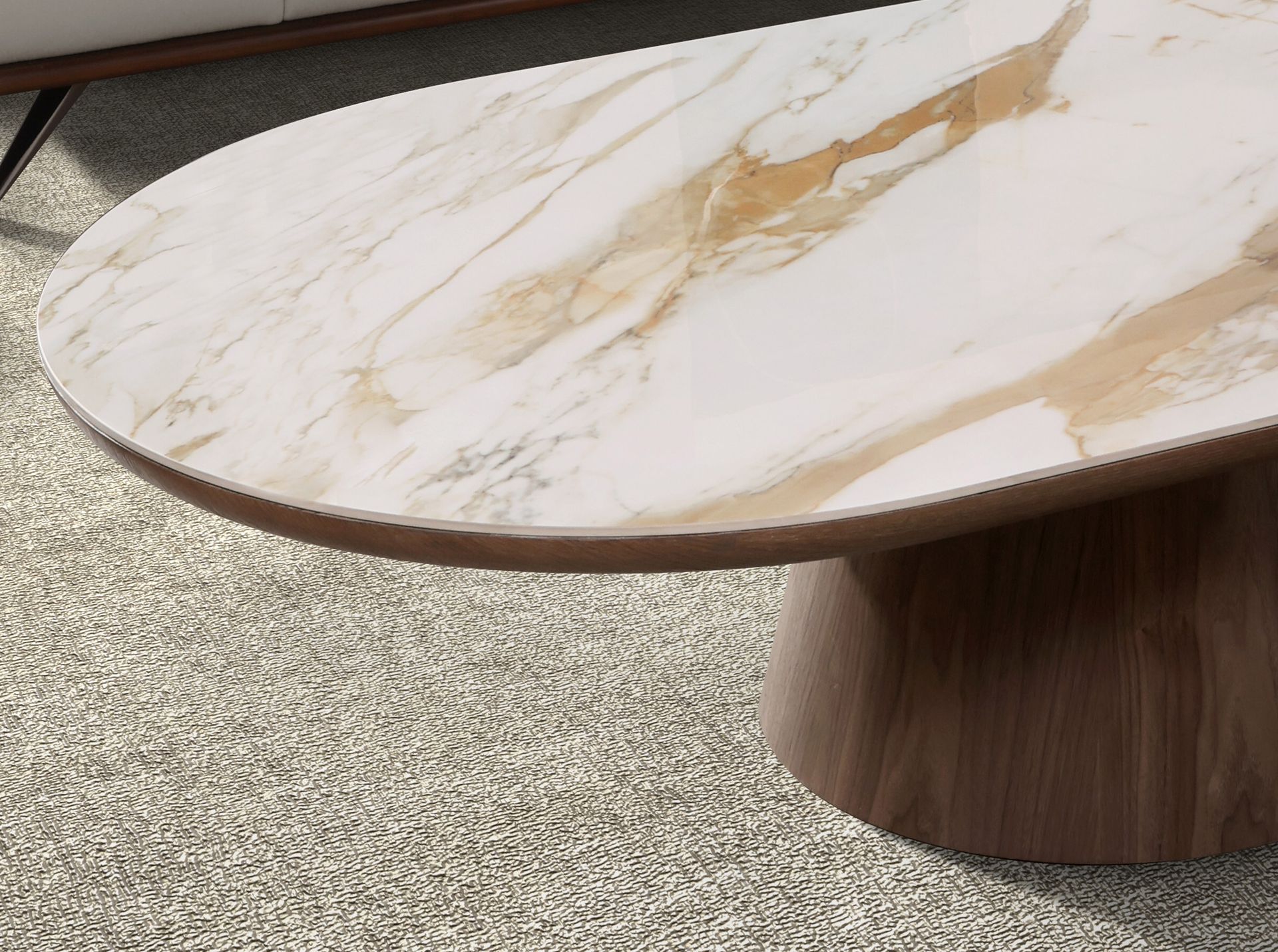 Porcelain marble and walnut oval half round coffee table