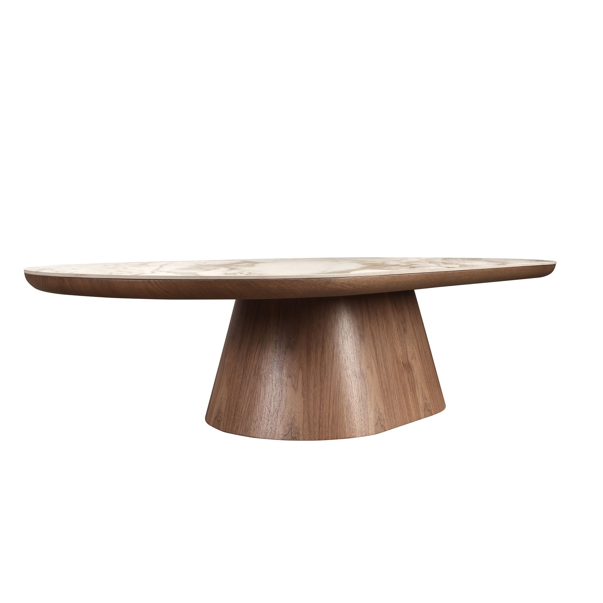 Porcelain marble and walnut oval half round coffee table
