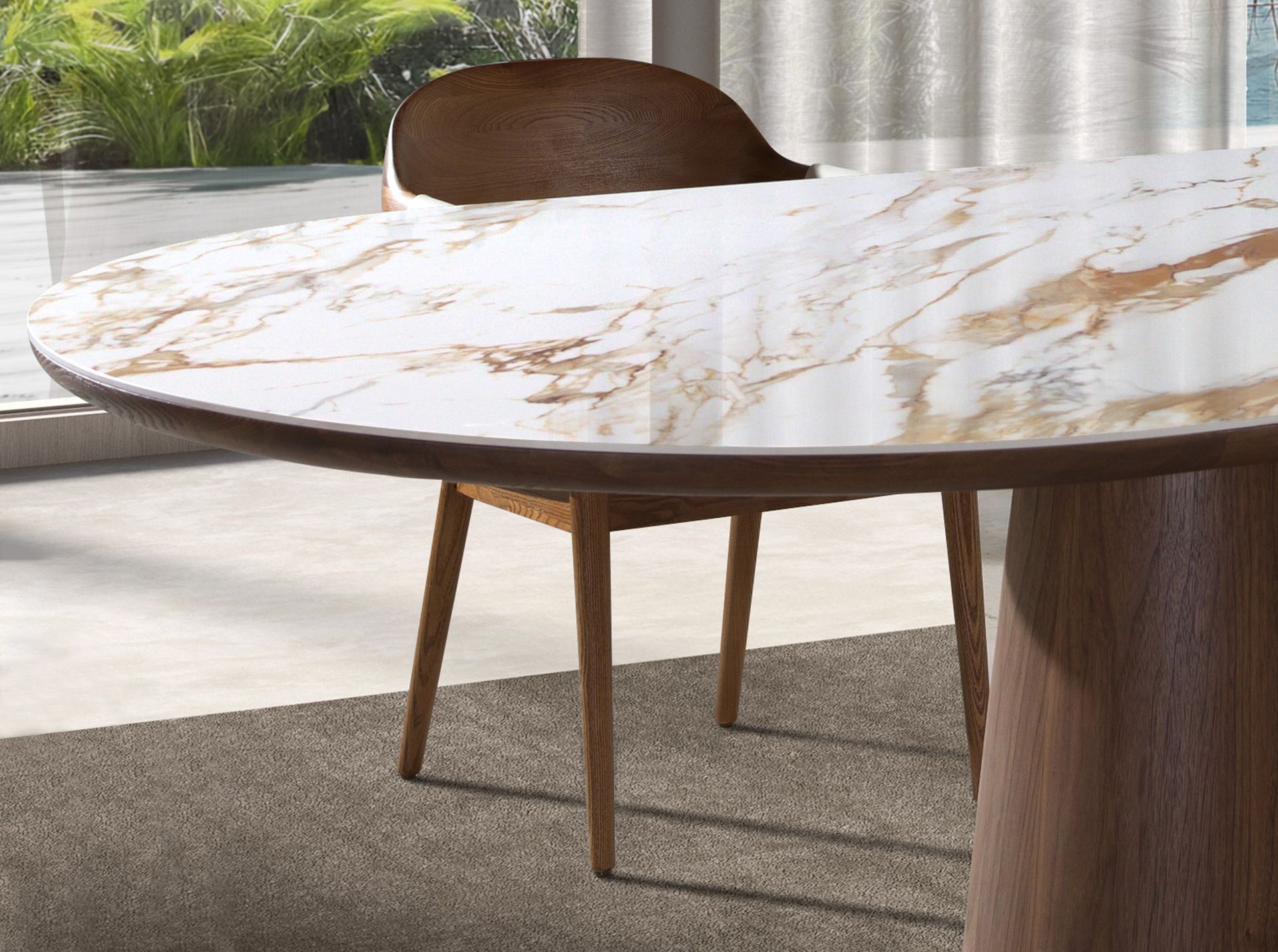 Porcelain marble and walnut half round oval dining table
