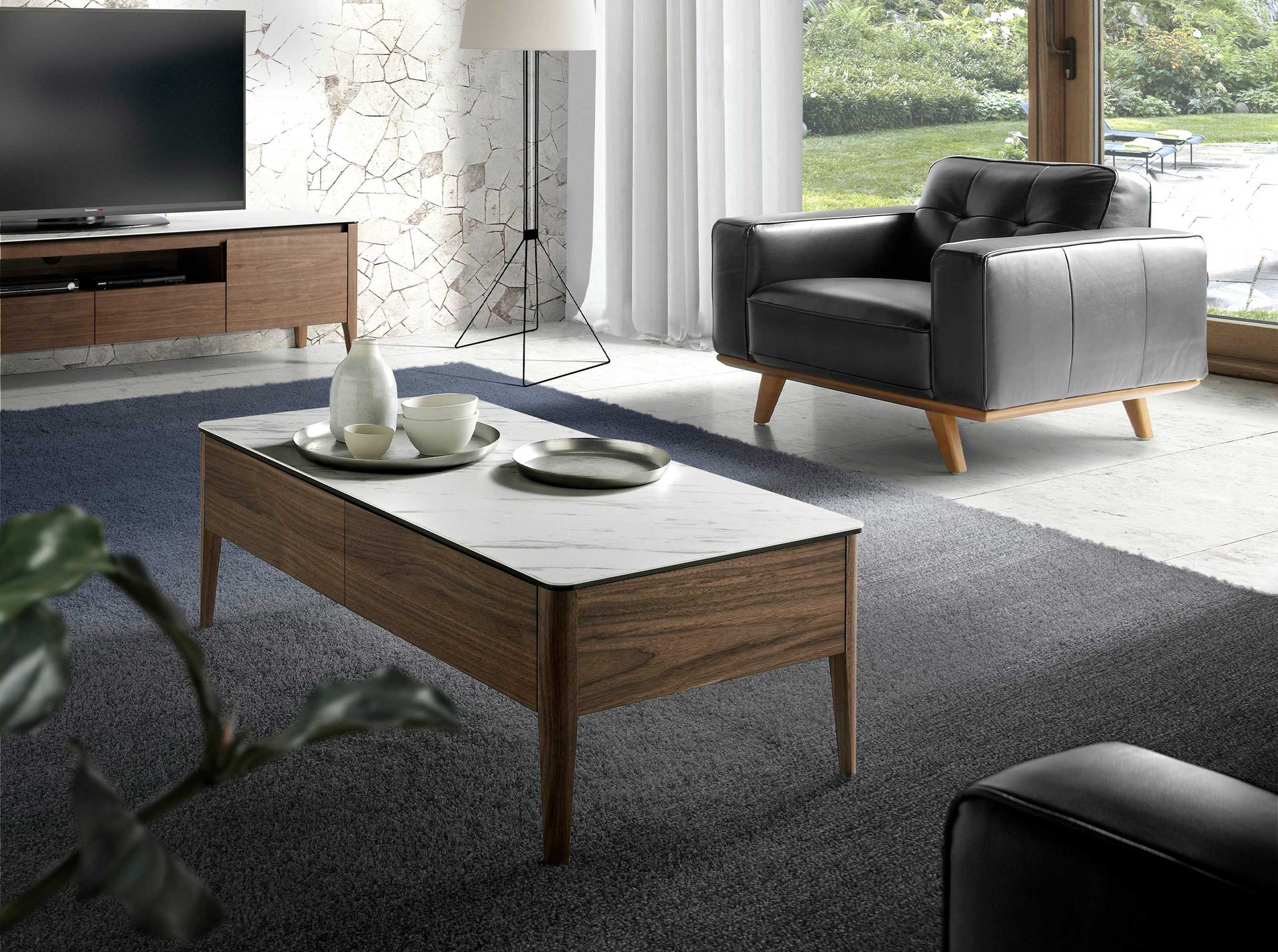 Porcelain marble and walnut rectangular coffee table
