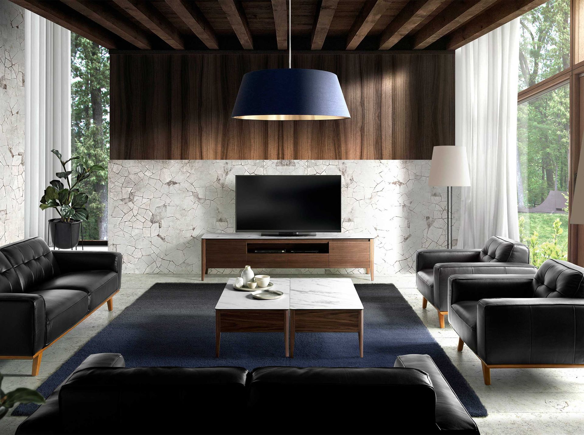 Porcelain marble and walnut rectangular coffee table
