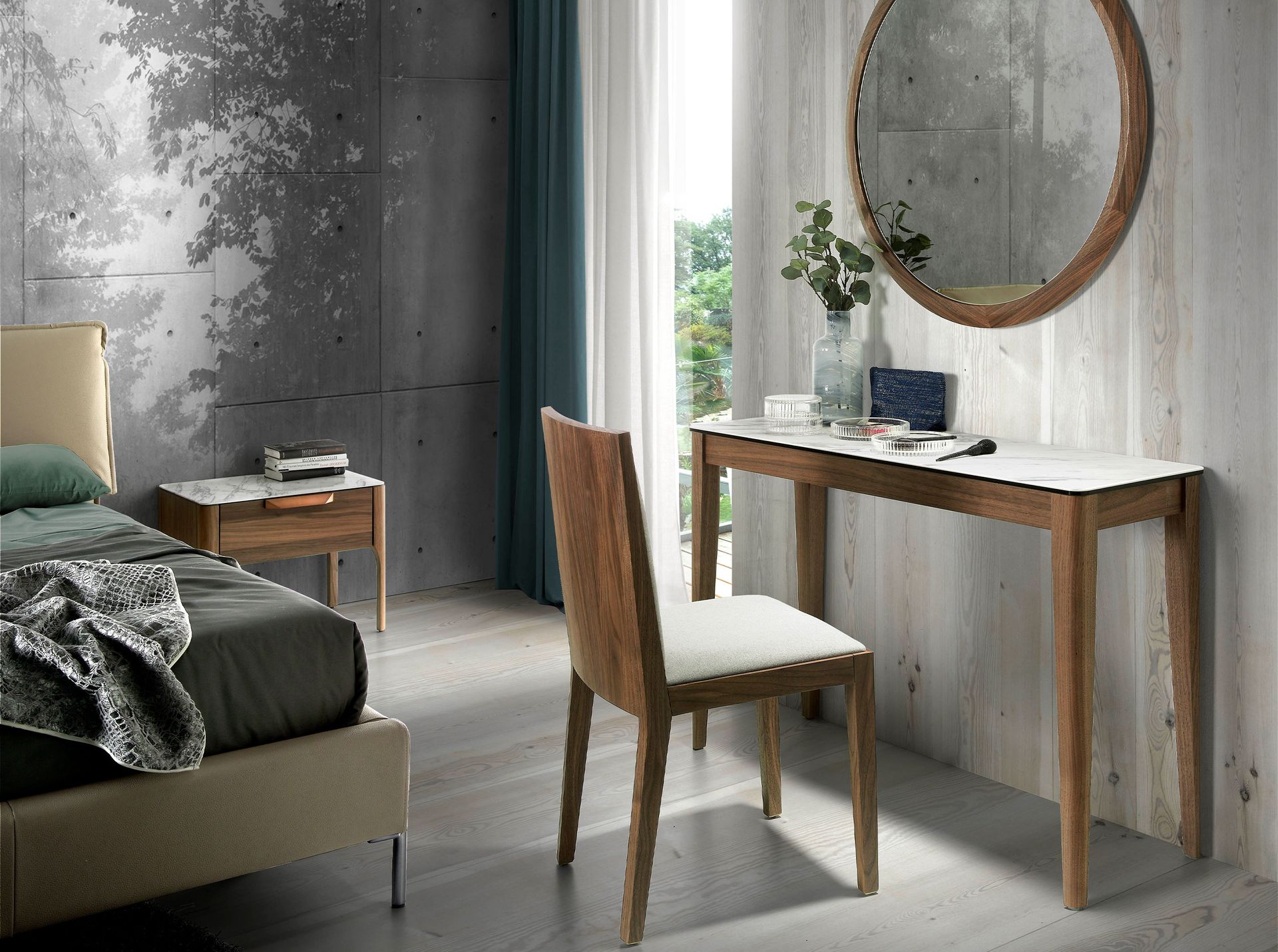 Porcelain marble and walnut rectangular console table