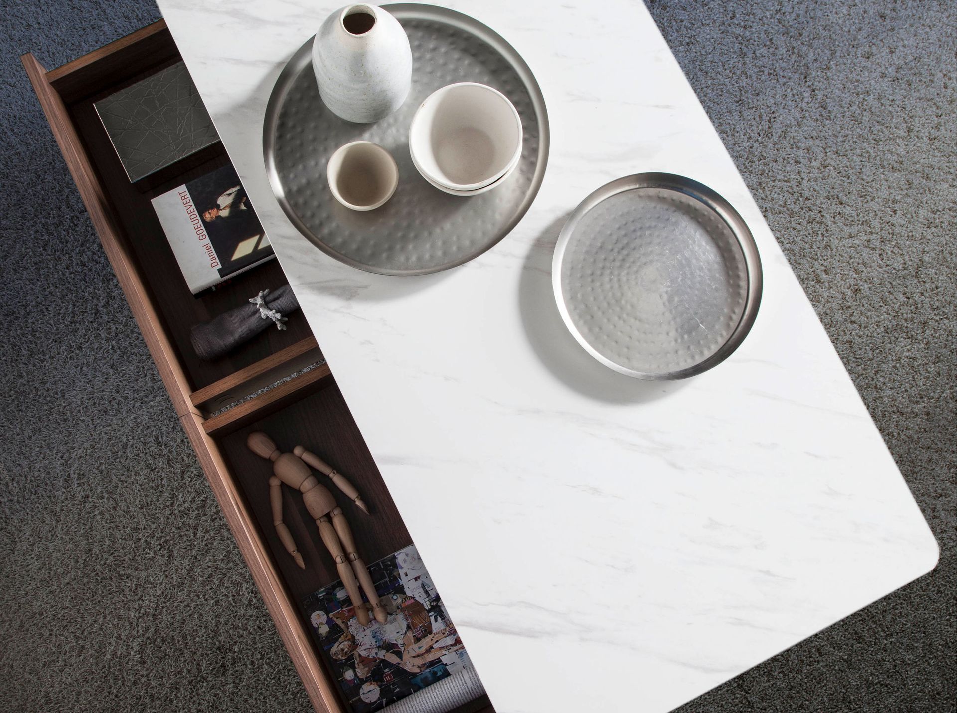 Porcelain marble and walnut rectangular coffee table
