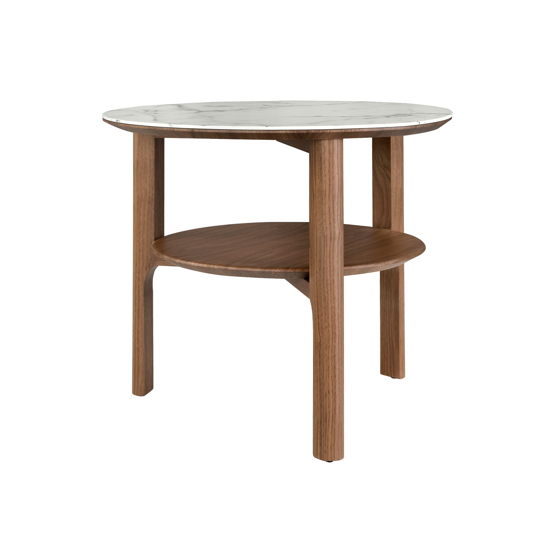 Round side table in marble-effect glass and walnut