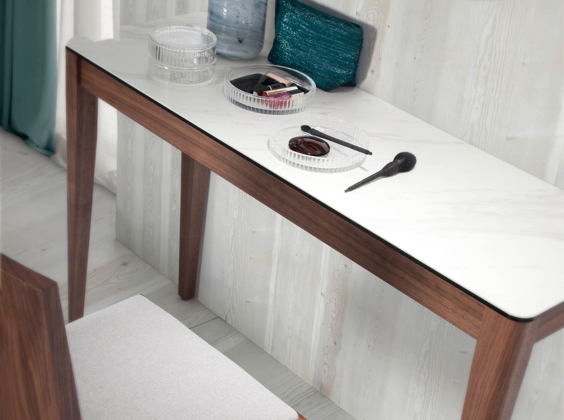 Porcelain marble and walnut rectangular console table