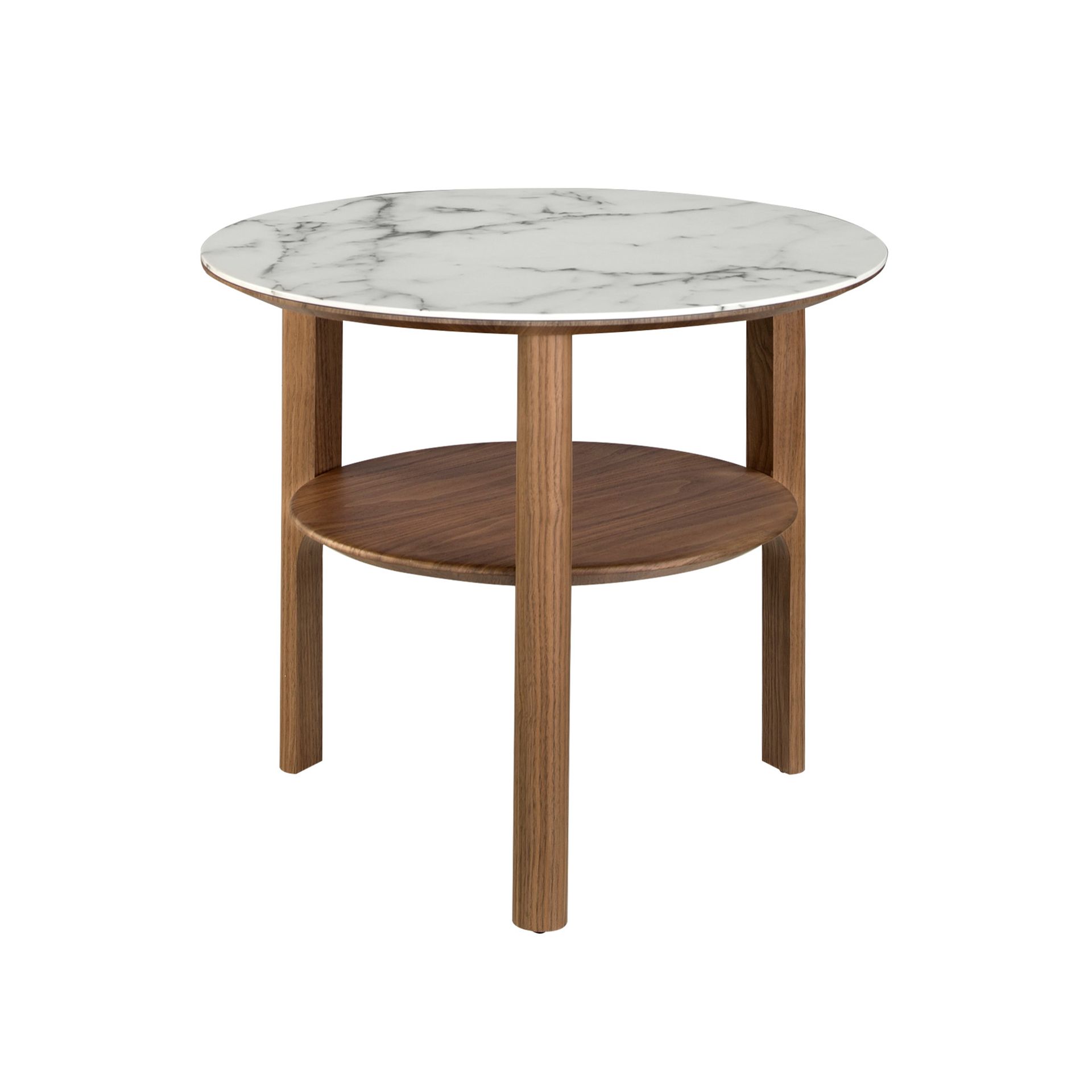 Round side table in marble-effect glass and walnut