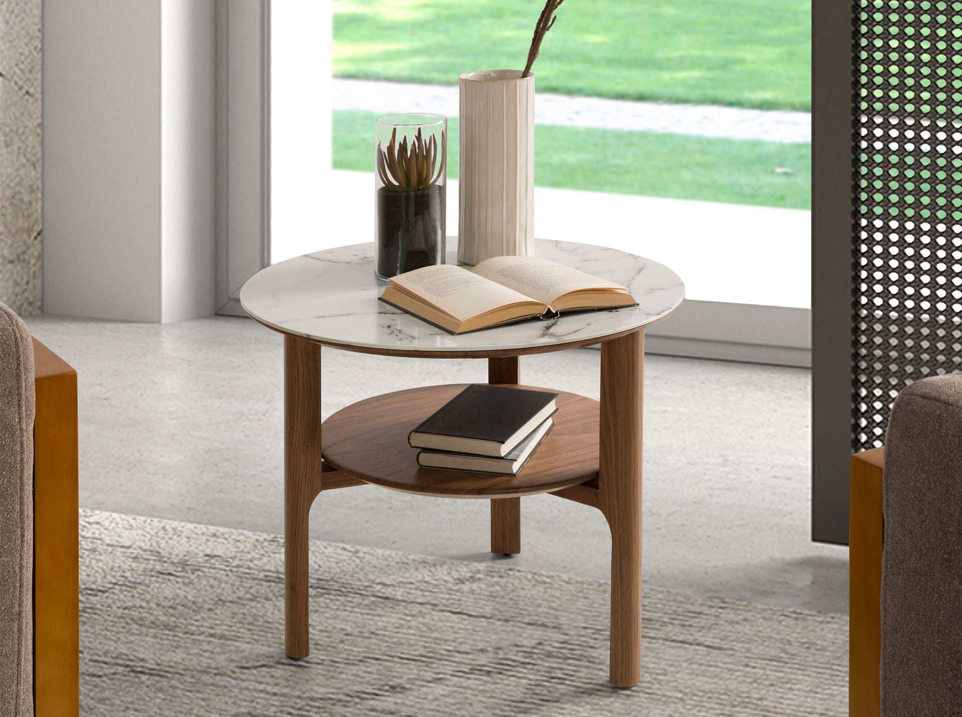 Round side table in marble-effect glass and walnut