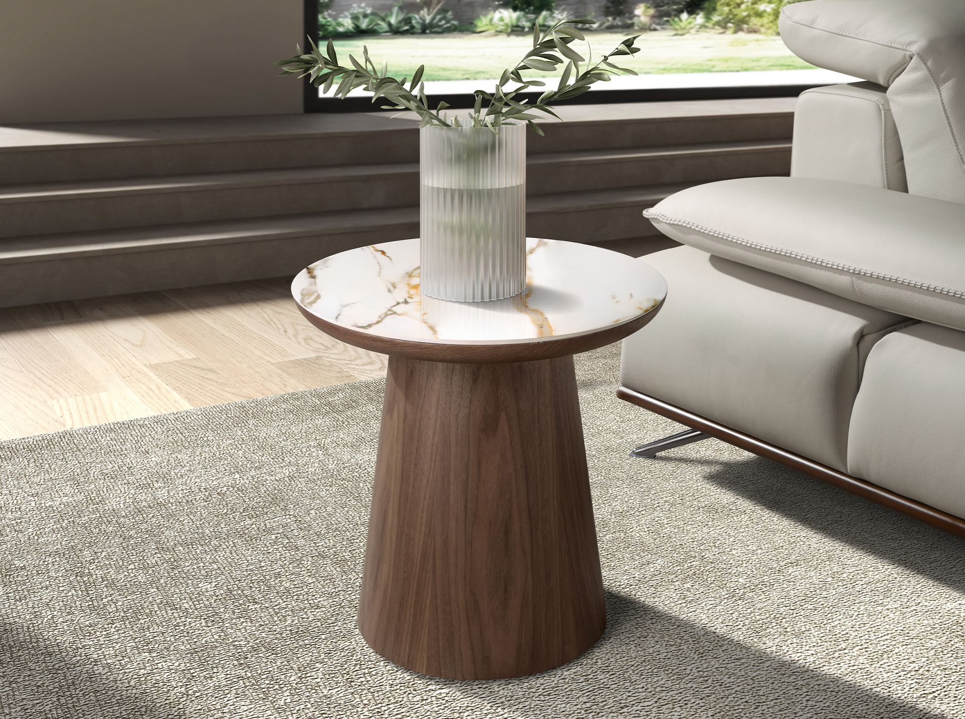Porcelain marble and walnut round corner table