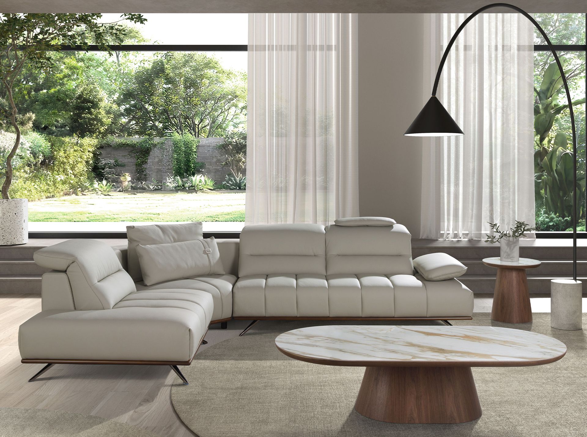 Porcelain marble and walnut round corner table