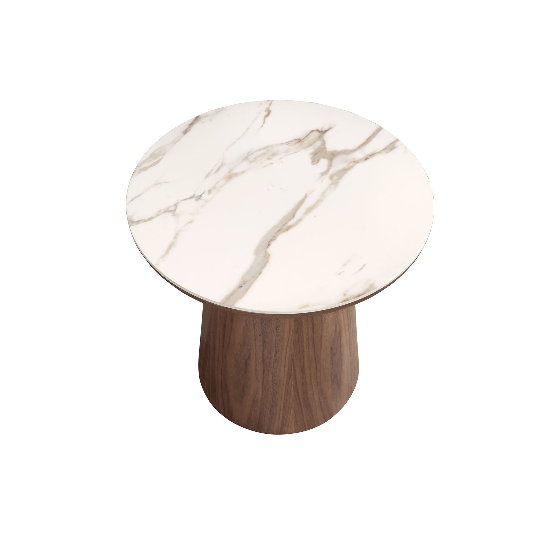 Porcelain marble and walnut round corner table