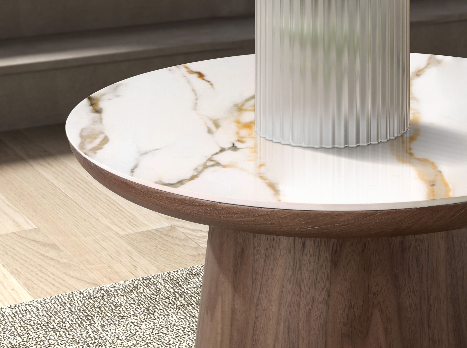 Porcelain marble and walnut round corner table