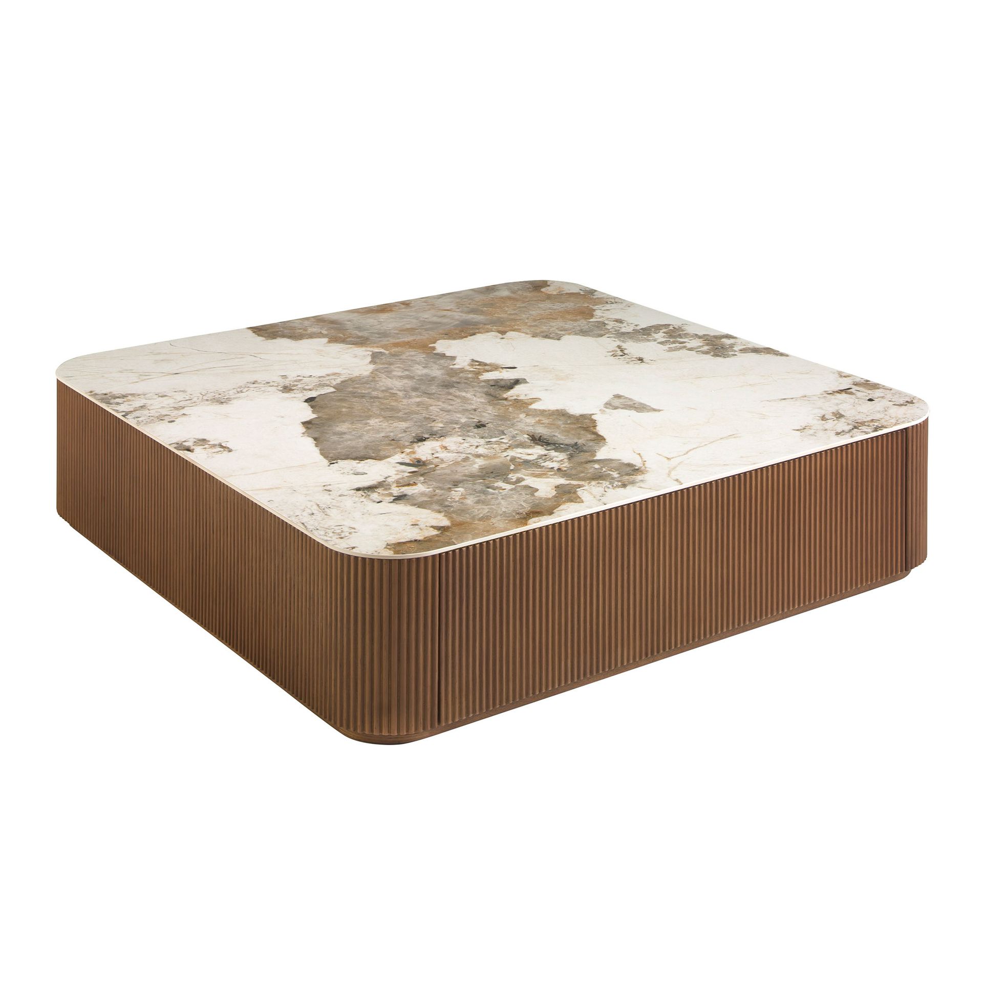 Porcelain marble and walnut square coffee table
