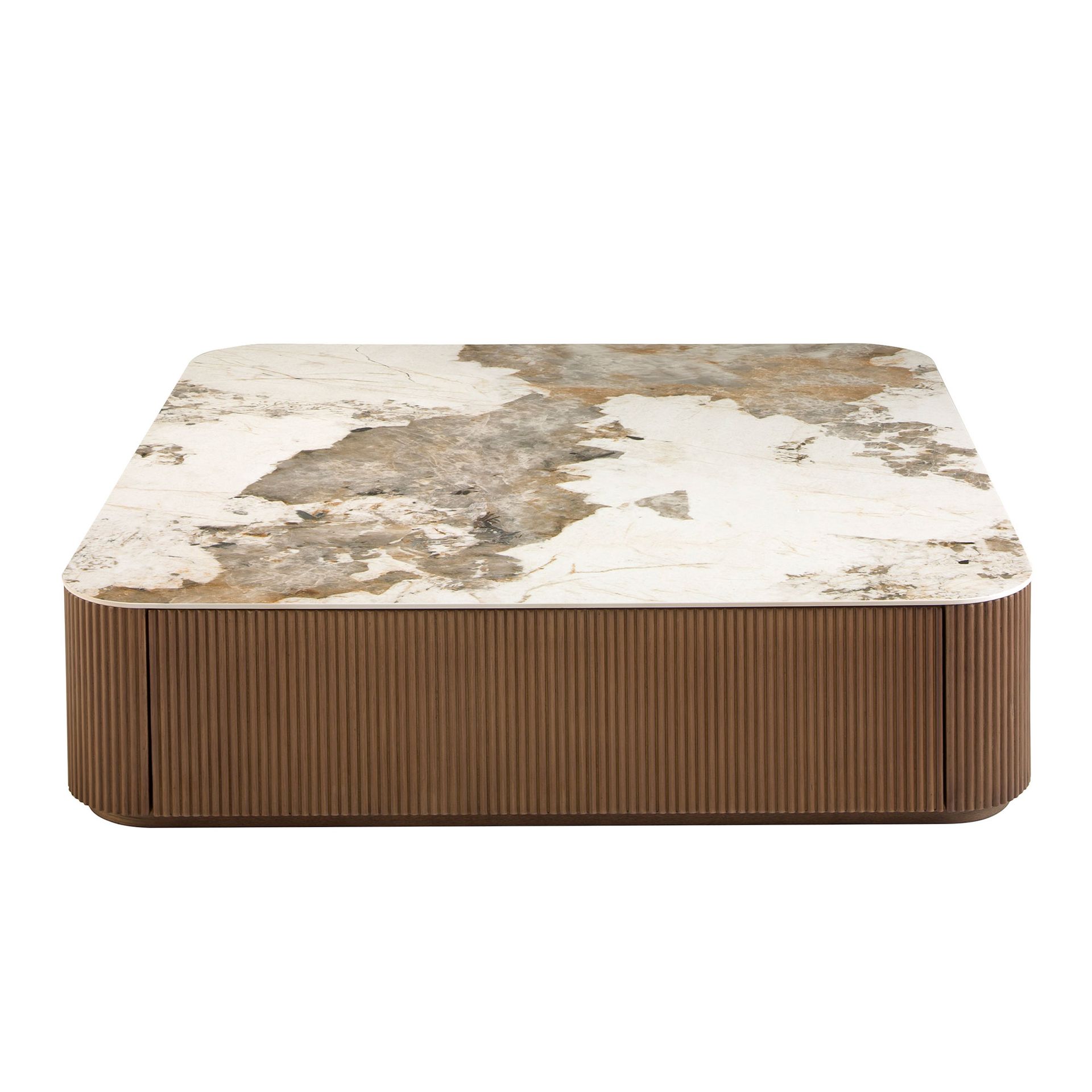 Porcelain marble and walnut square coffee table