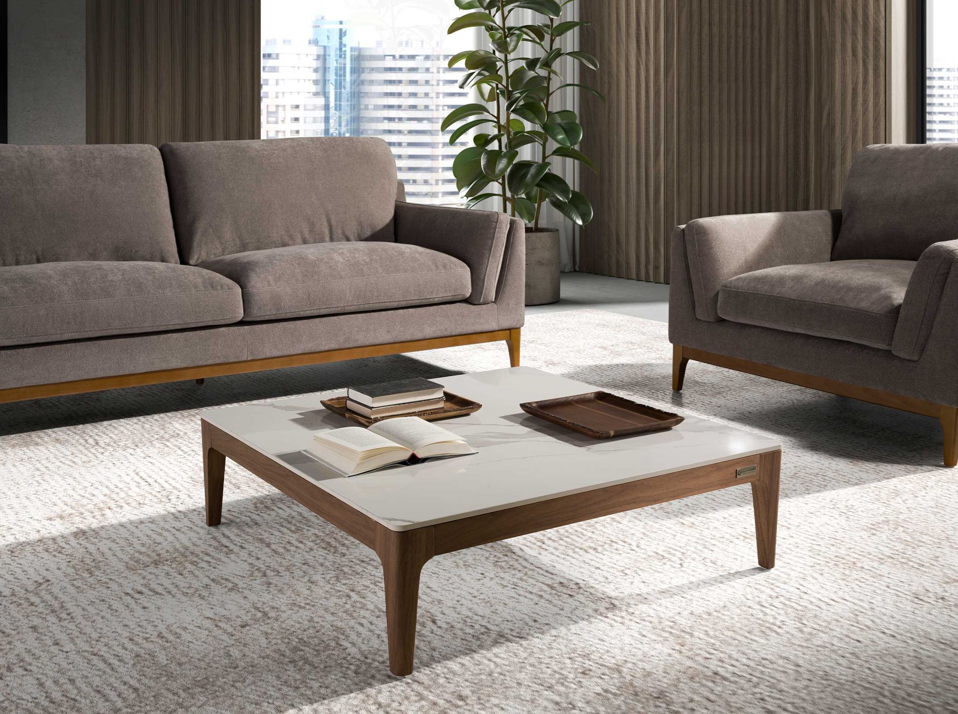 Porcelain marble and walnut square coffee table