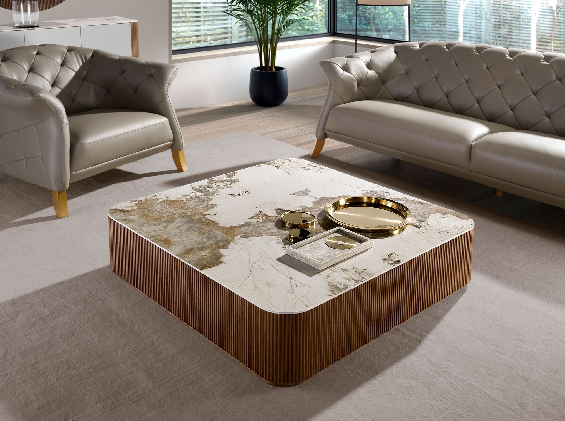 Porcelain marble and walnut square coffee table