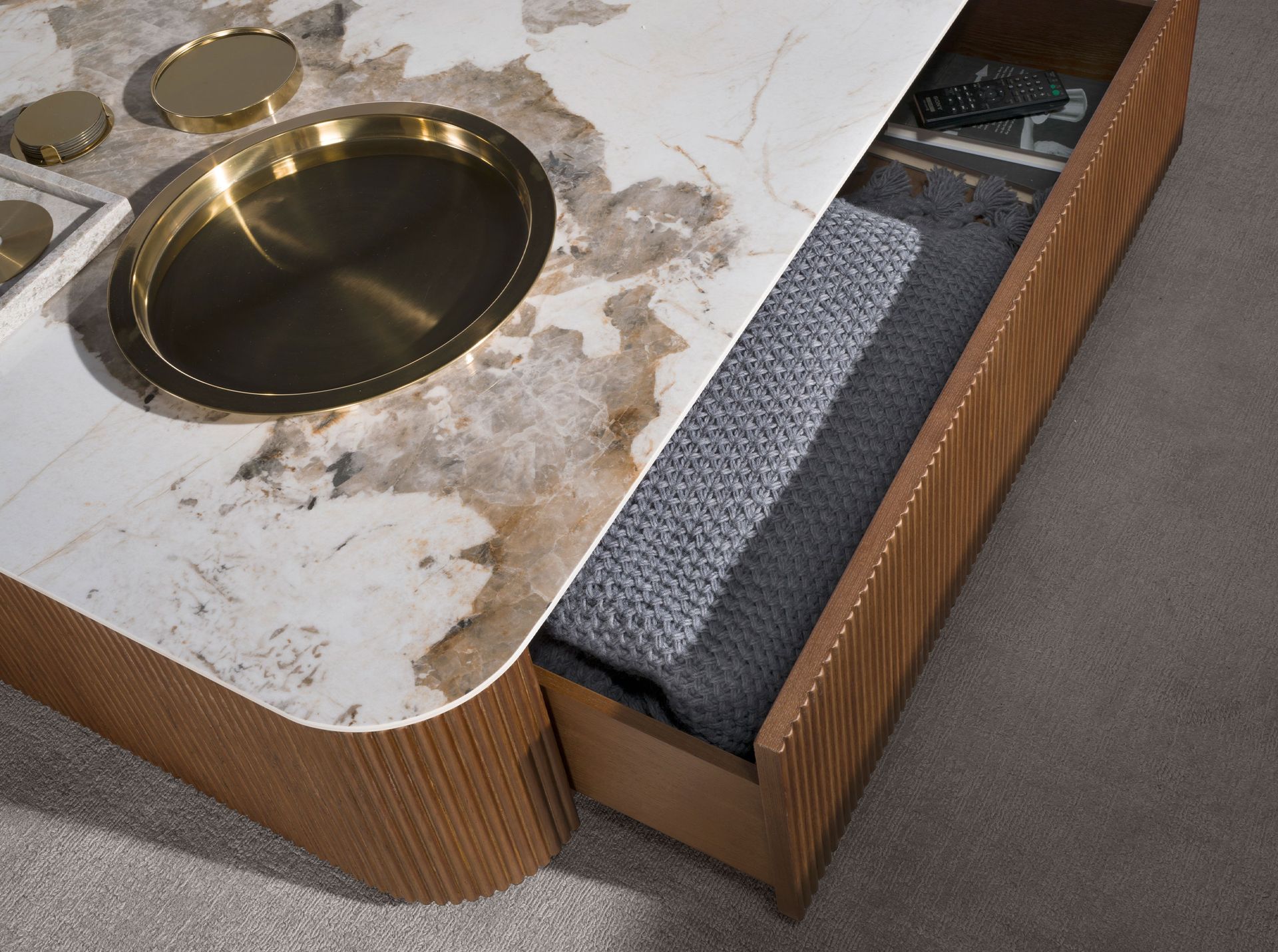 Porcelain marble and walnut square coffee table