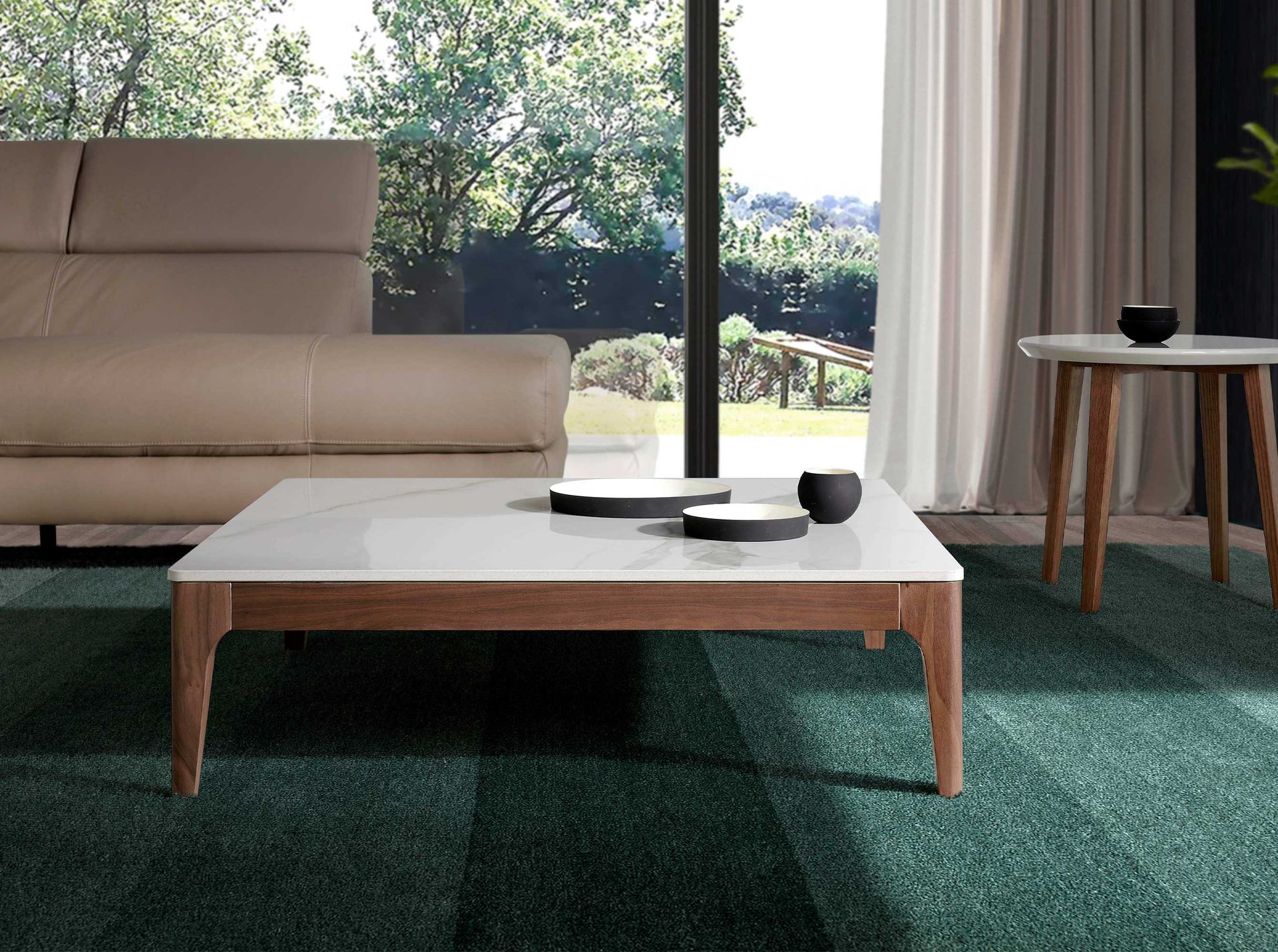 Porcelain marble and walnut square coffee table