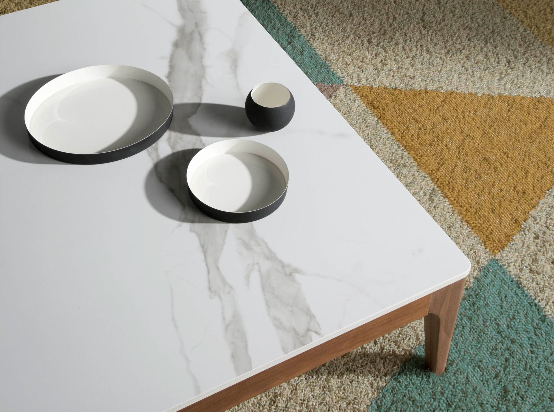 Porcelain marble and walnut square coffee table