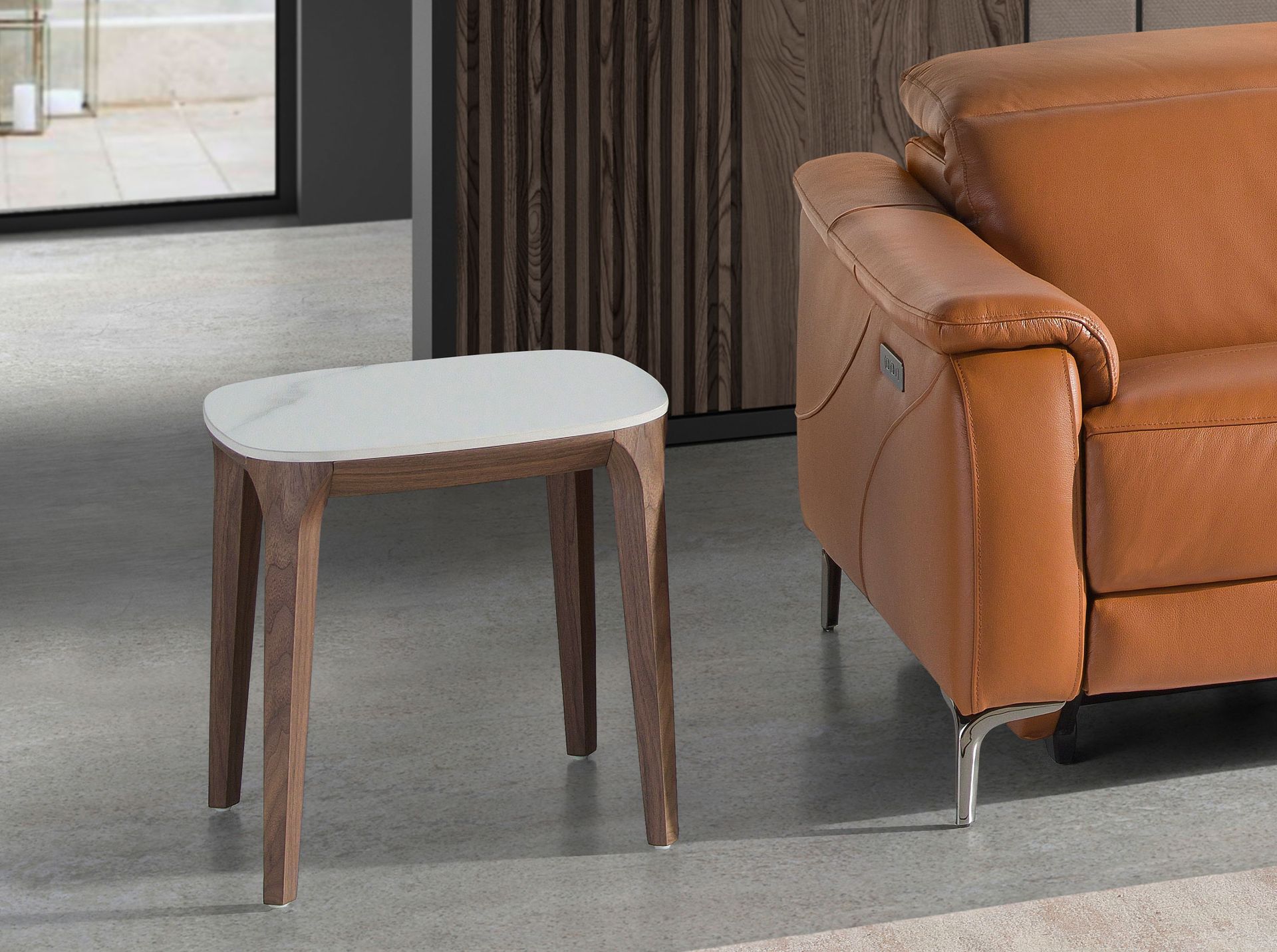 Porcelain marble and walnut square corner table