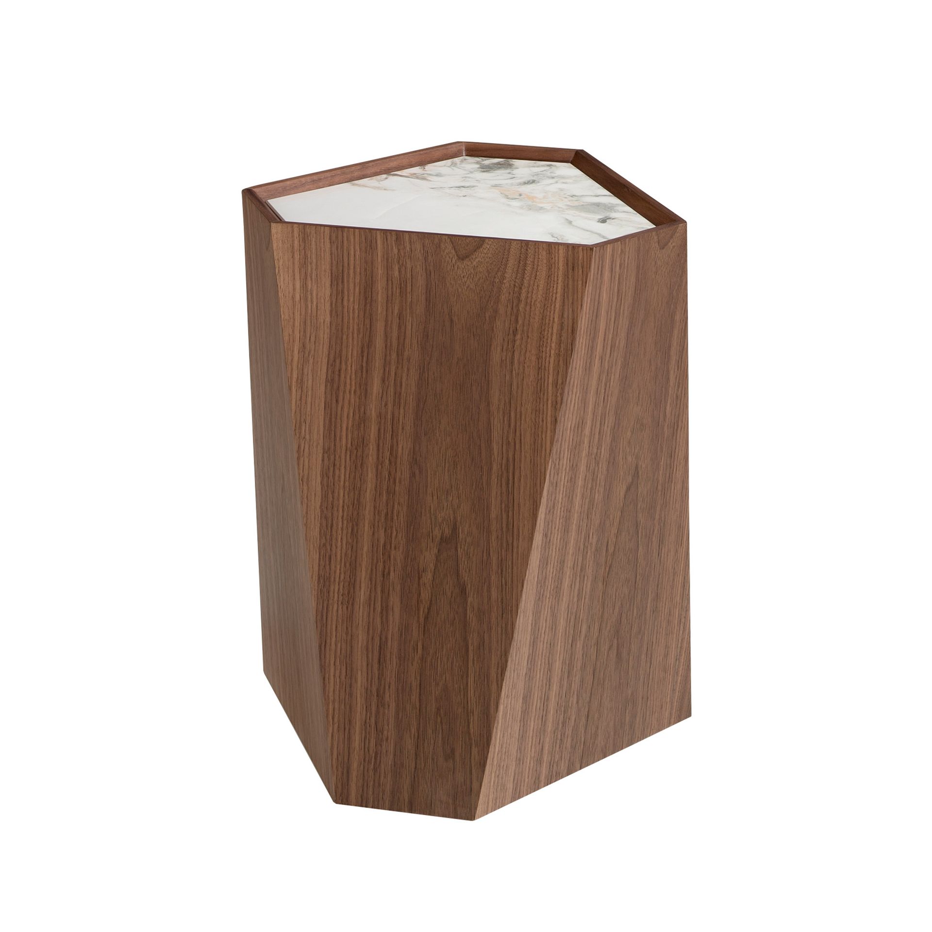 Porcelain marble and walnut triangular corner table
