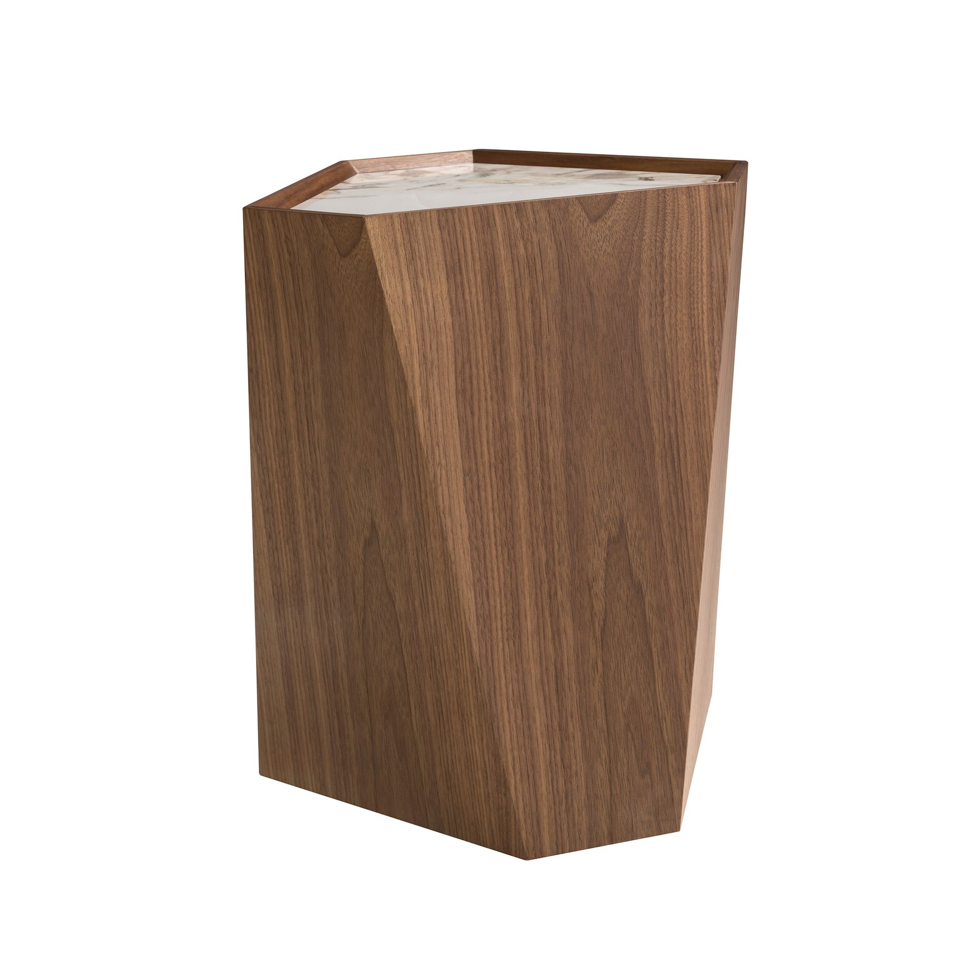 Porcelain marble and walnut triangular corner table