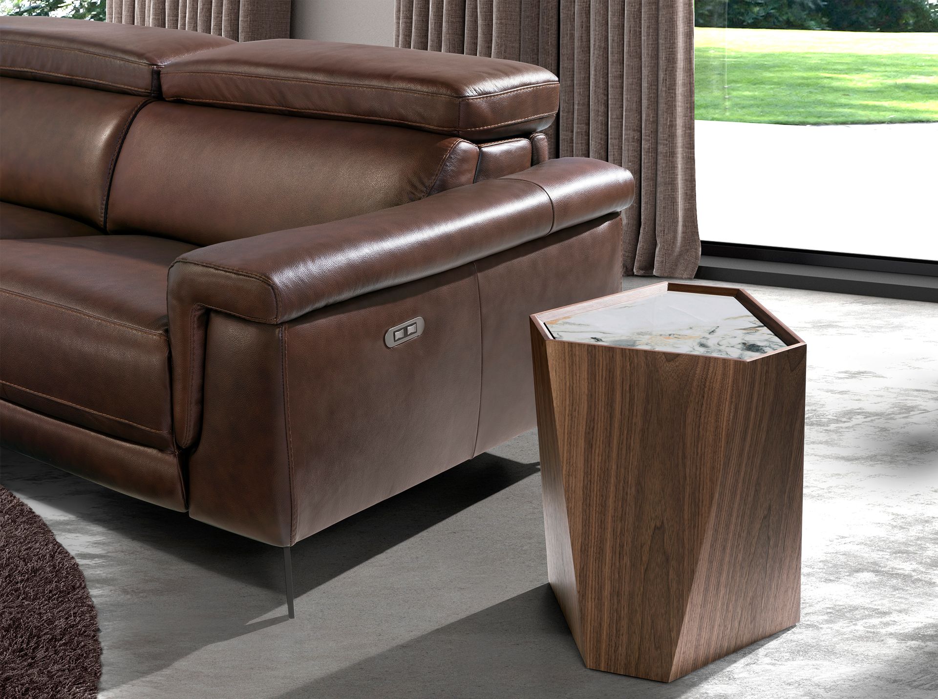 Porcelain marble and walnut triangular corner table