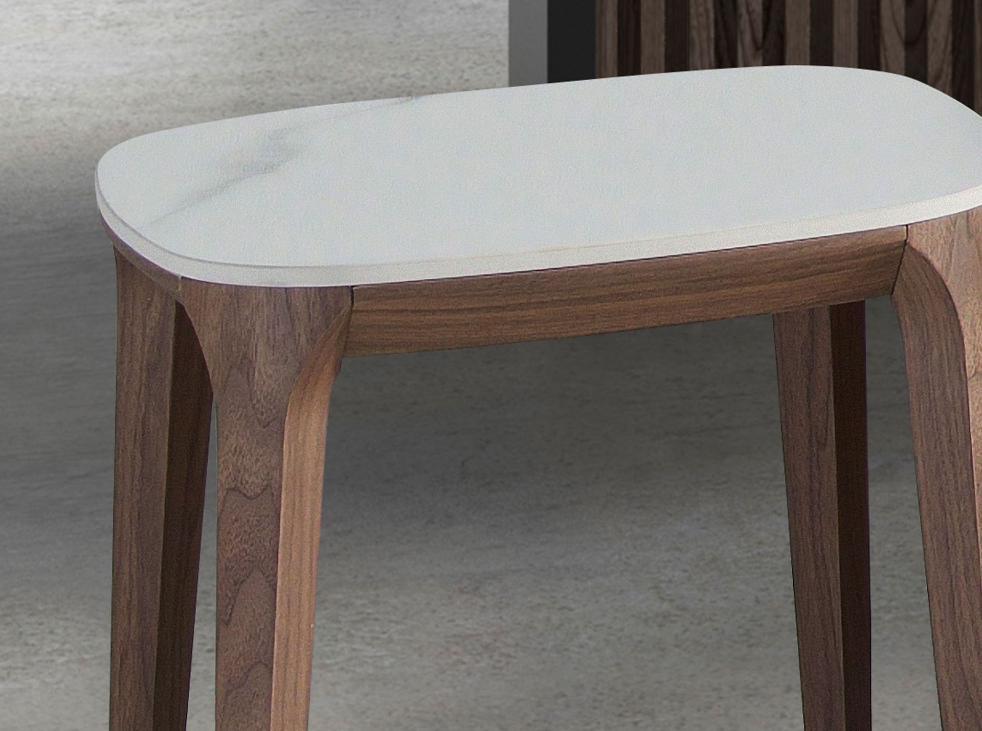 Porcelain marble and walnut square corner table