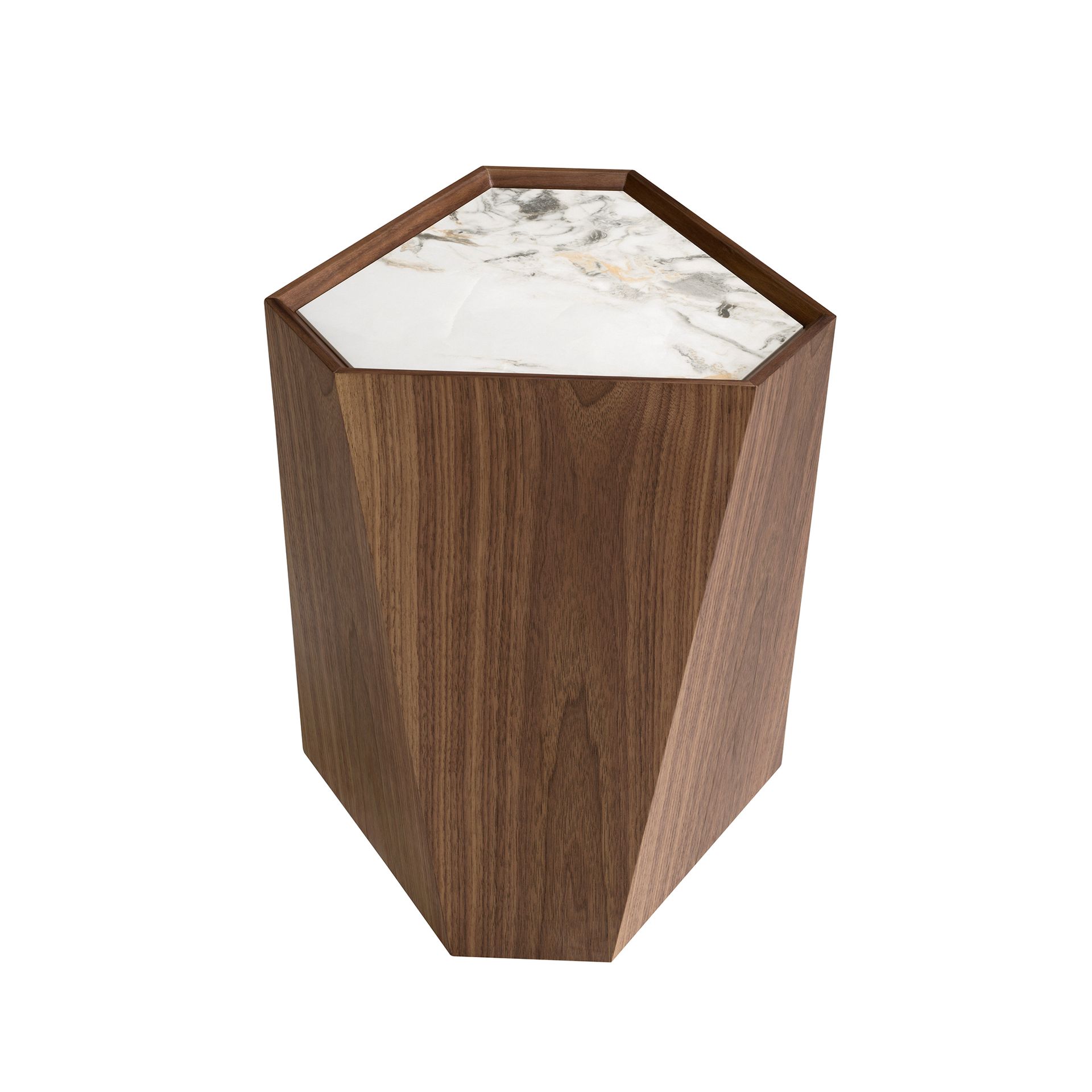 Porcelain marble and walnut triangular corner table