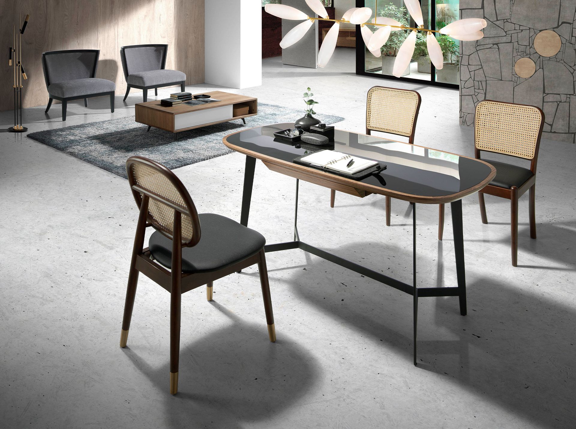 Rattan and black leatherette chair