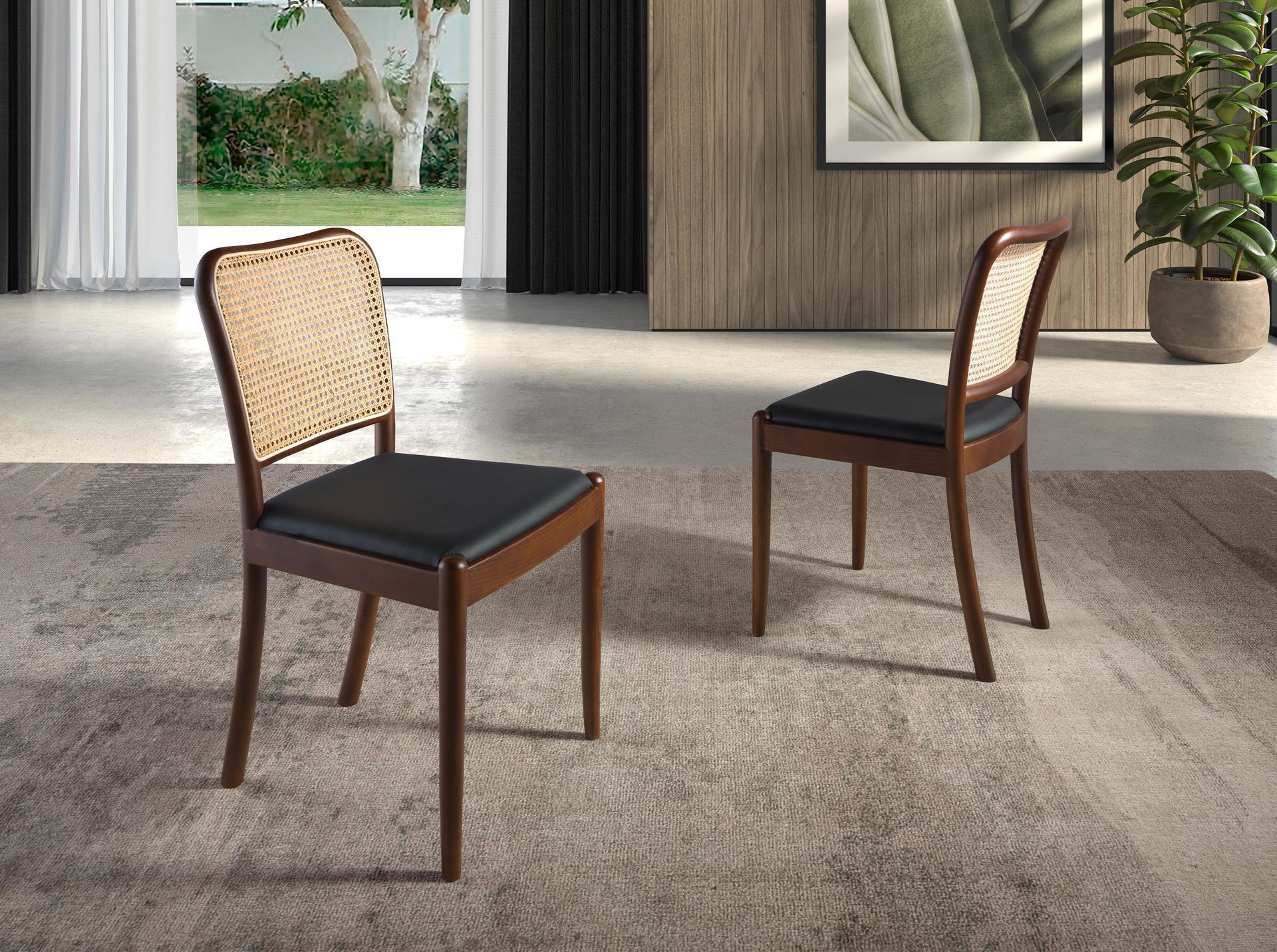 Rattan and black leatherette chair