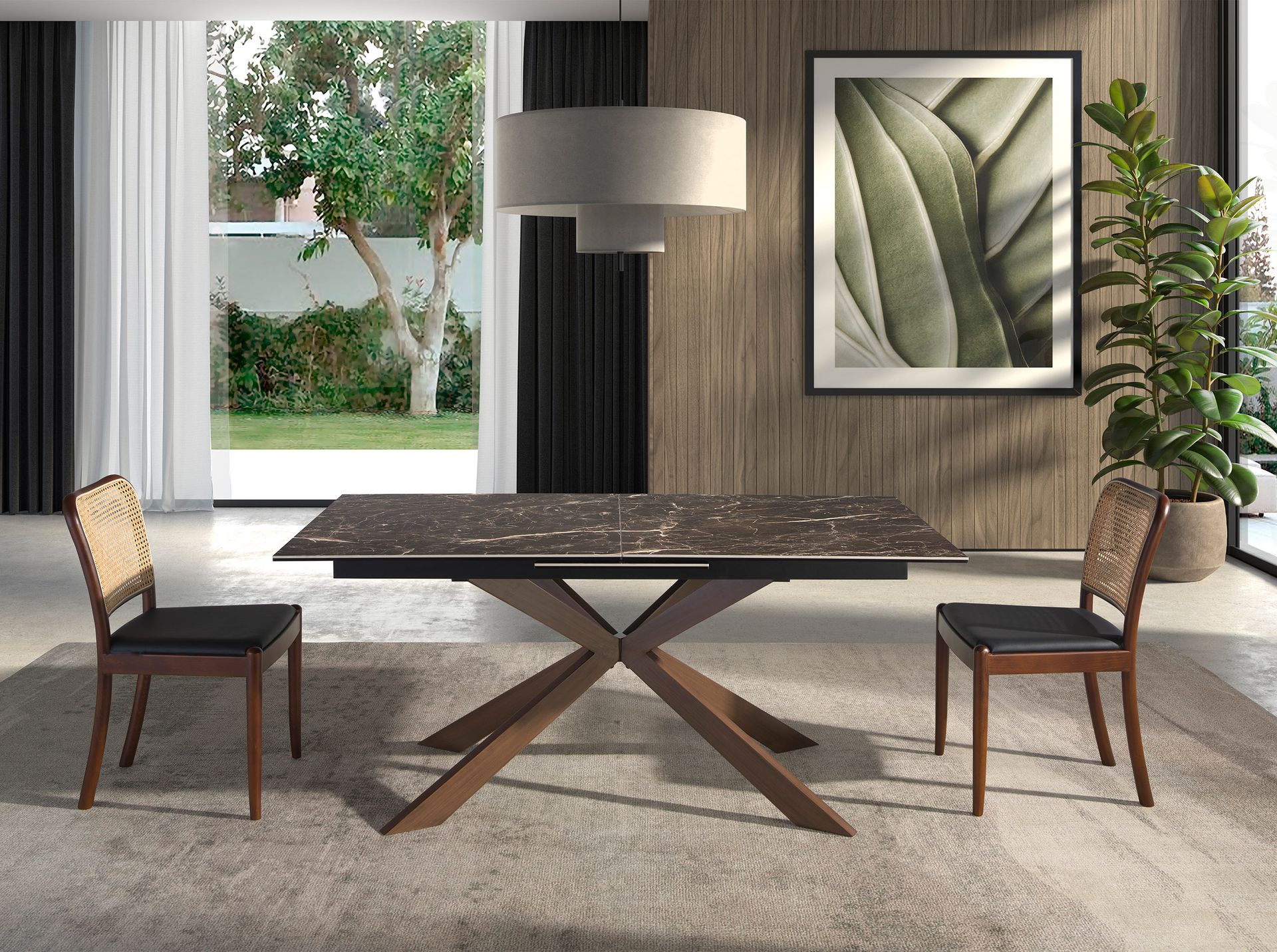 Rattan and black leatherette chair