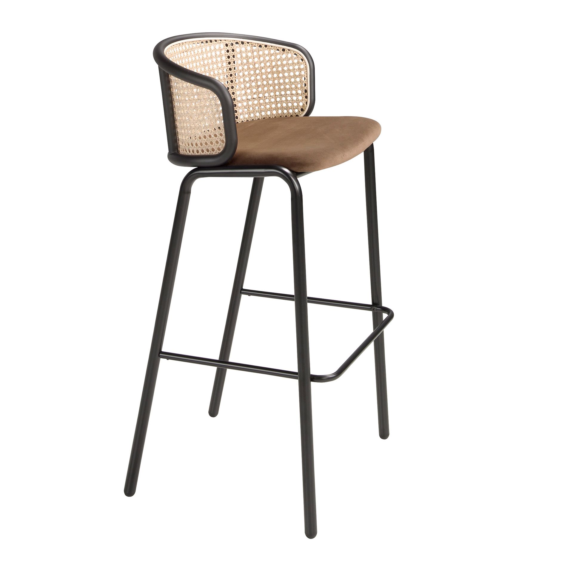 Rattan and brown velvet stool