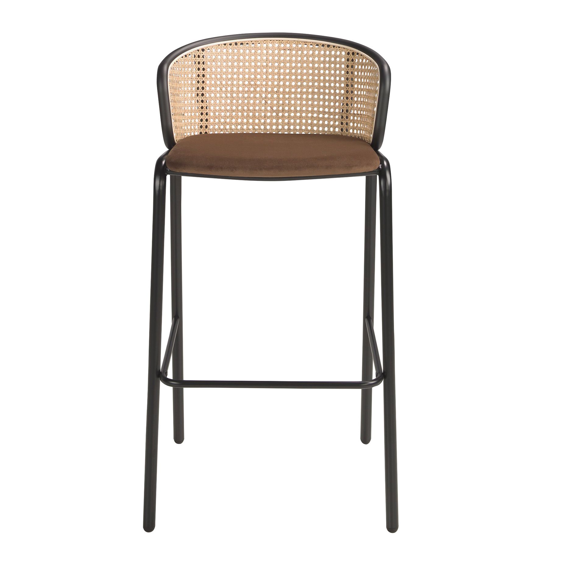 Rattan and brown velvet stool
