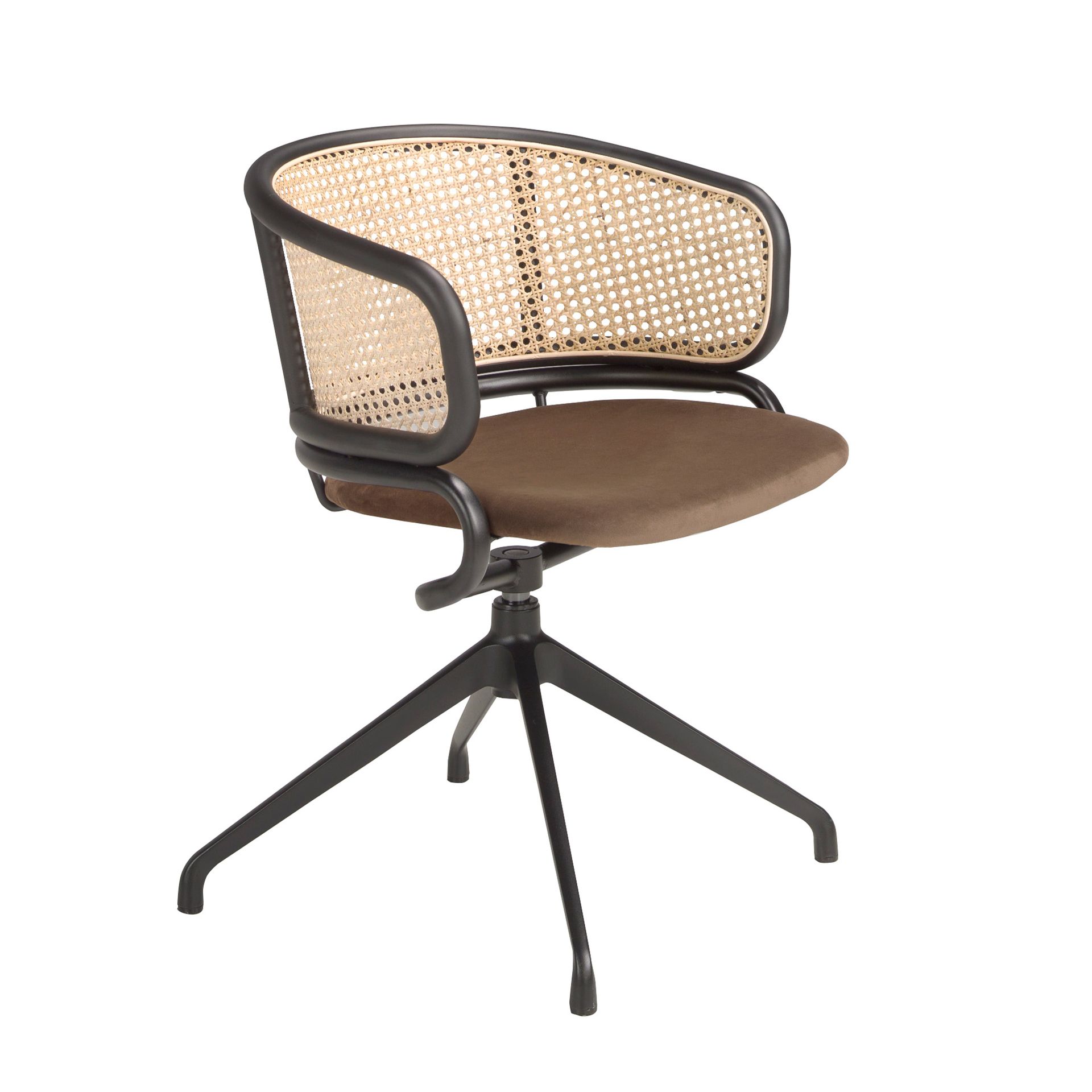 Rattan and brown velvet swivel chair