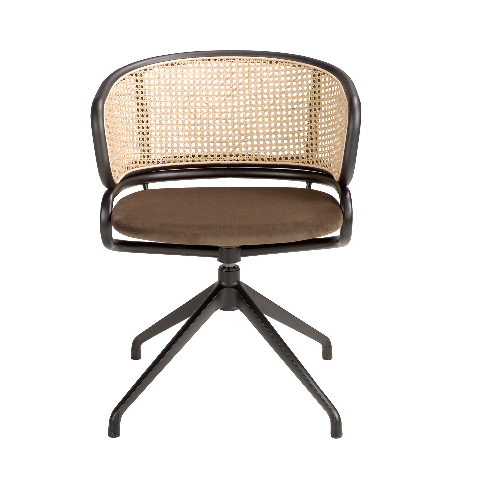 Rattan and brown velvet swivel chair