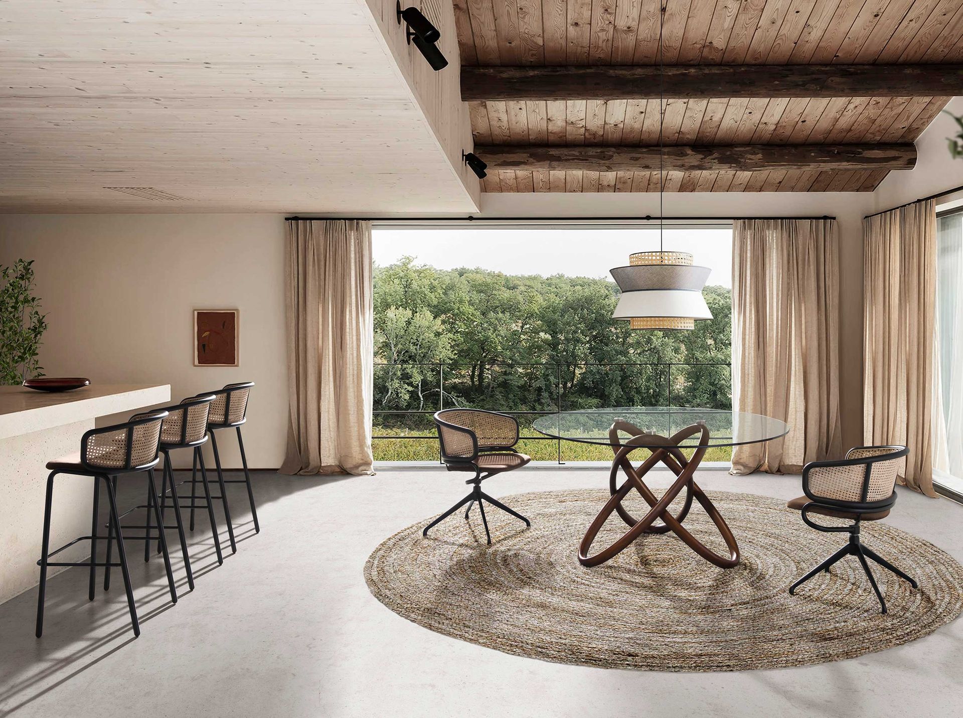 Rattan and brown velvet stool