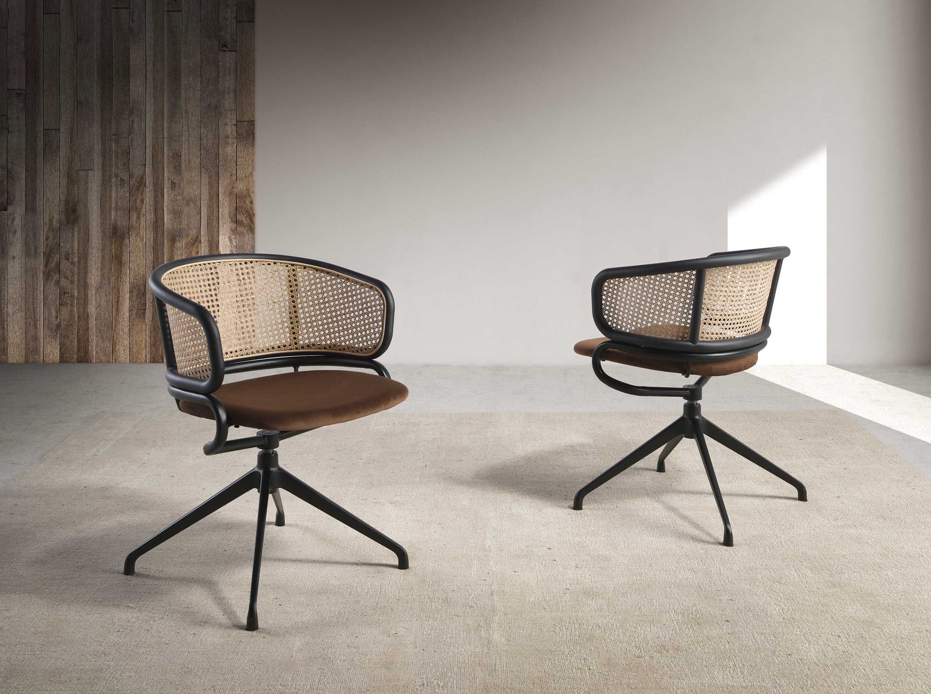 Rattan and brown velvet swivel chair
