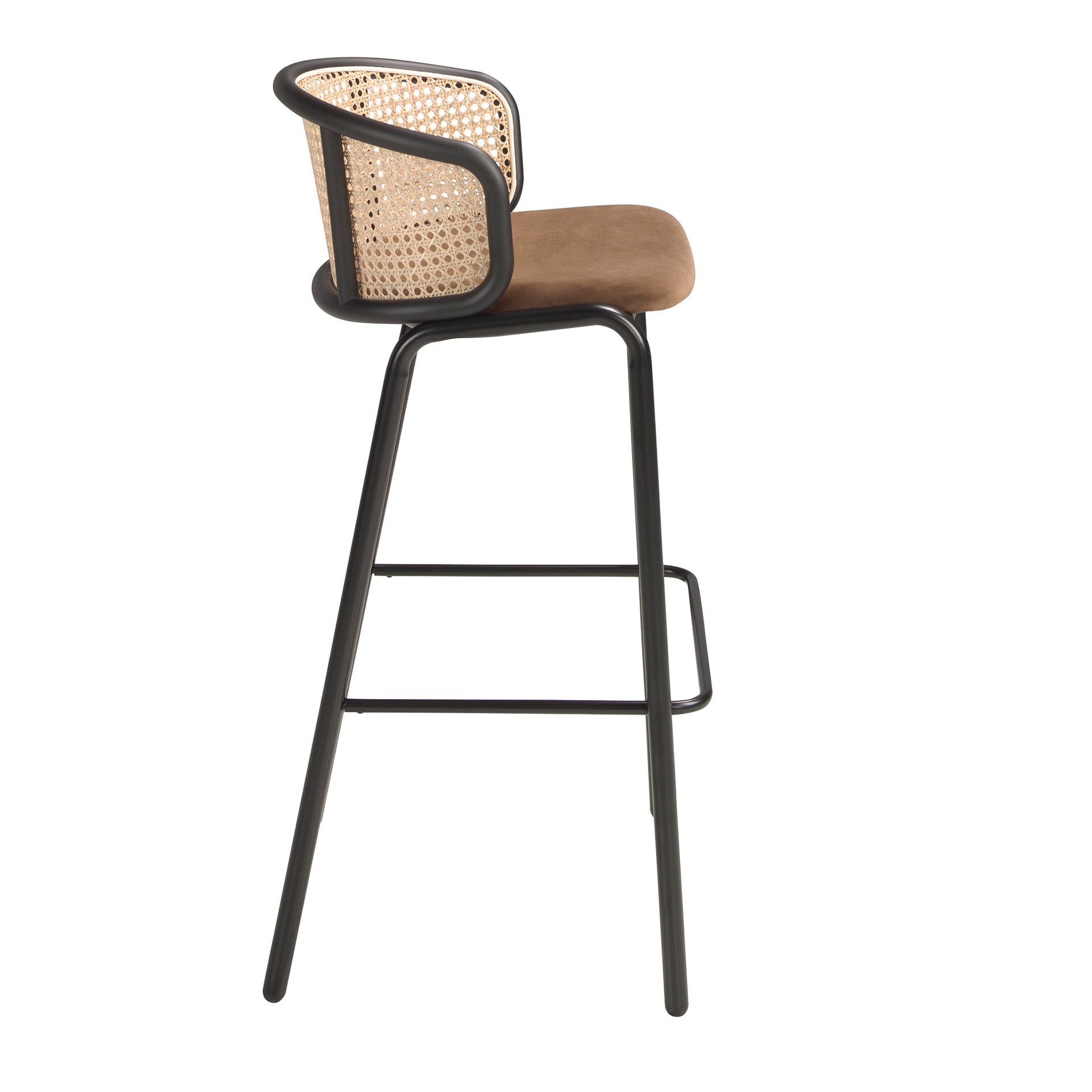 Rattan and brown velvet stool