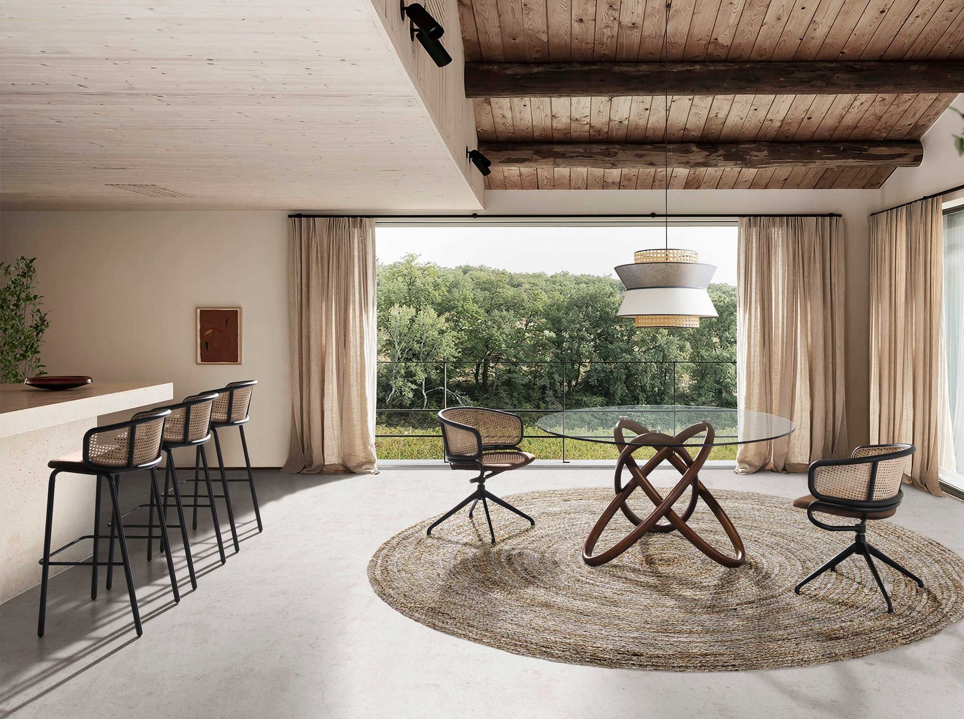Rattan and brown velvet swivel chair