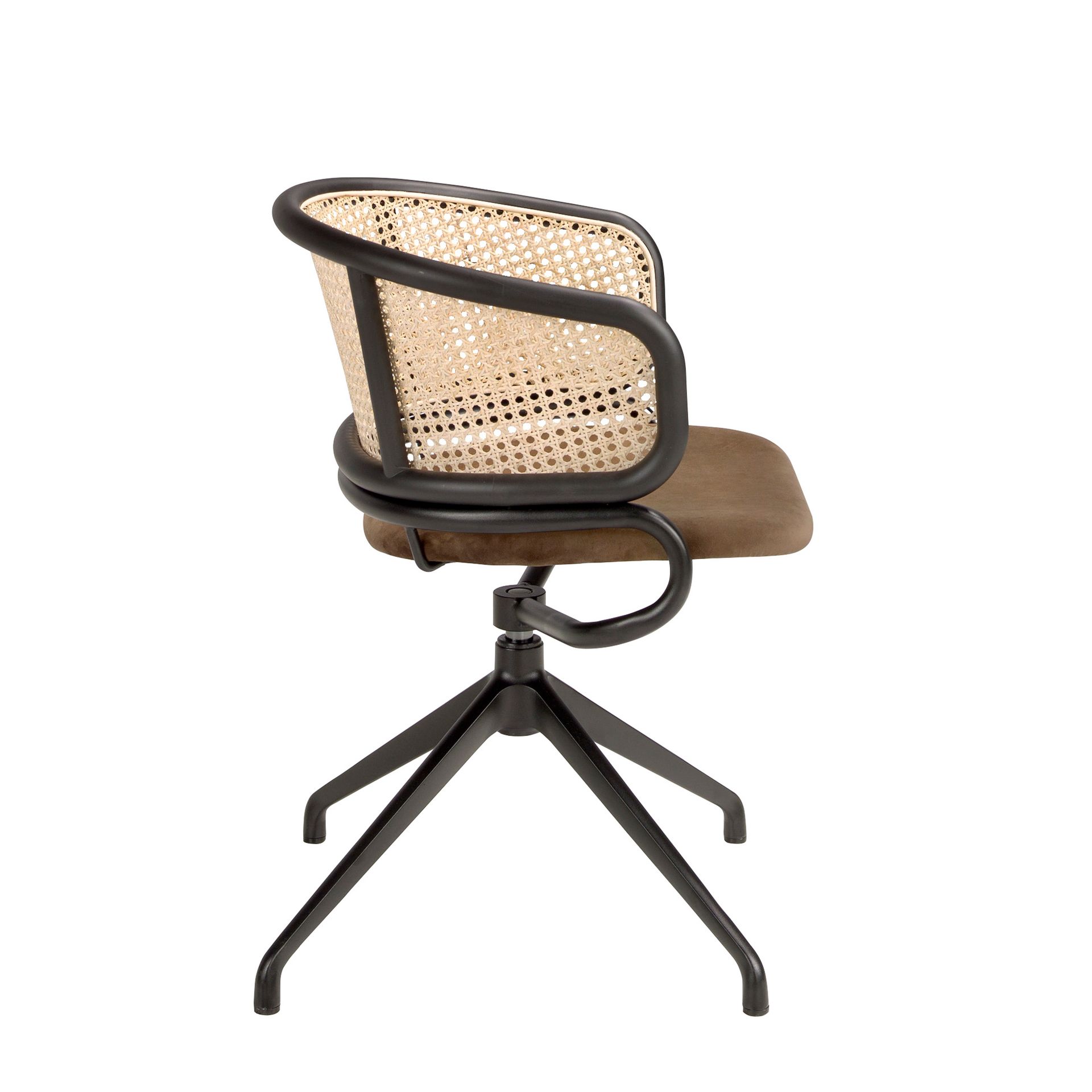 Rattan and brown velvet swivel chair