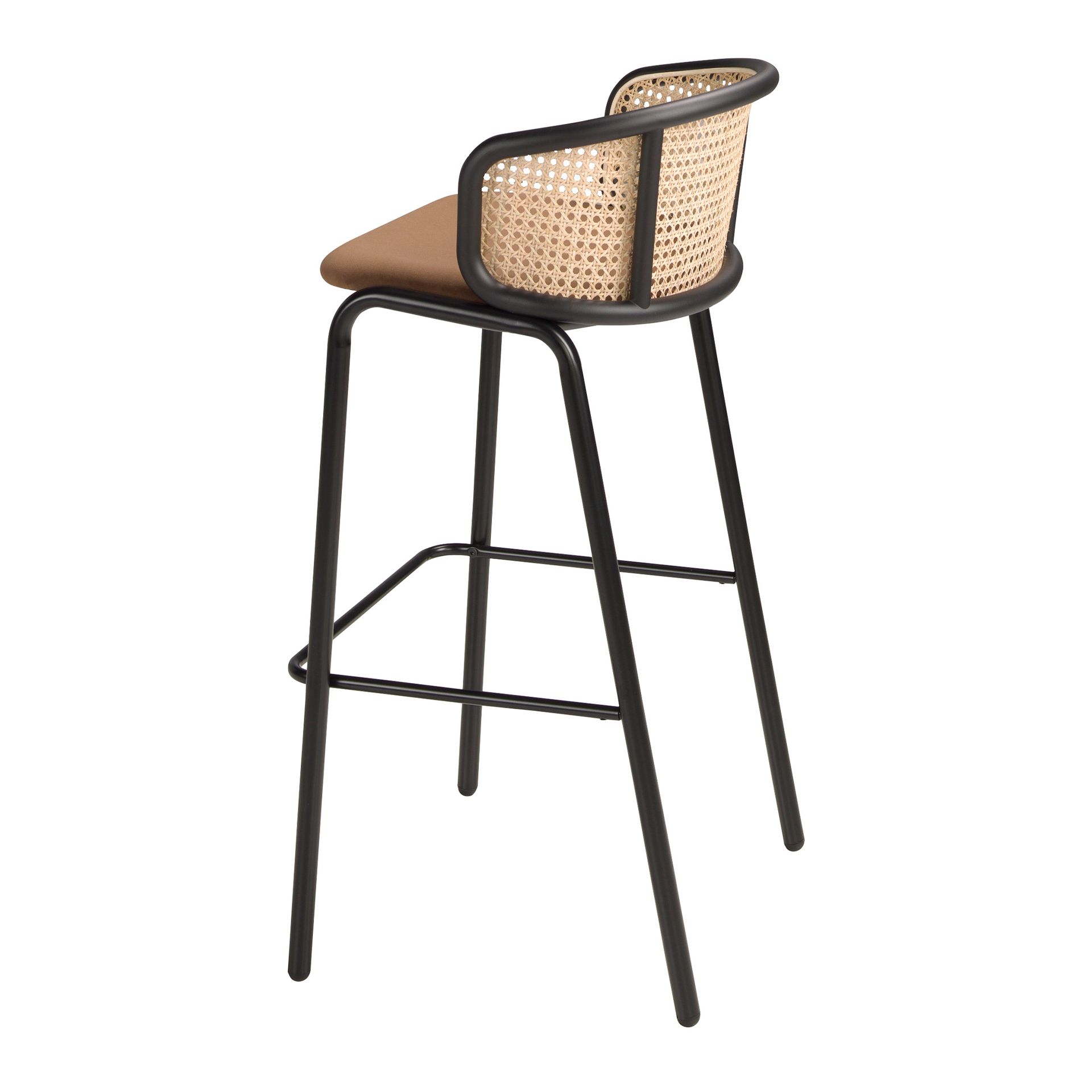 Rattan and brown velvet stool