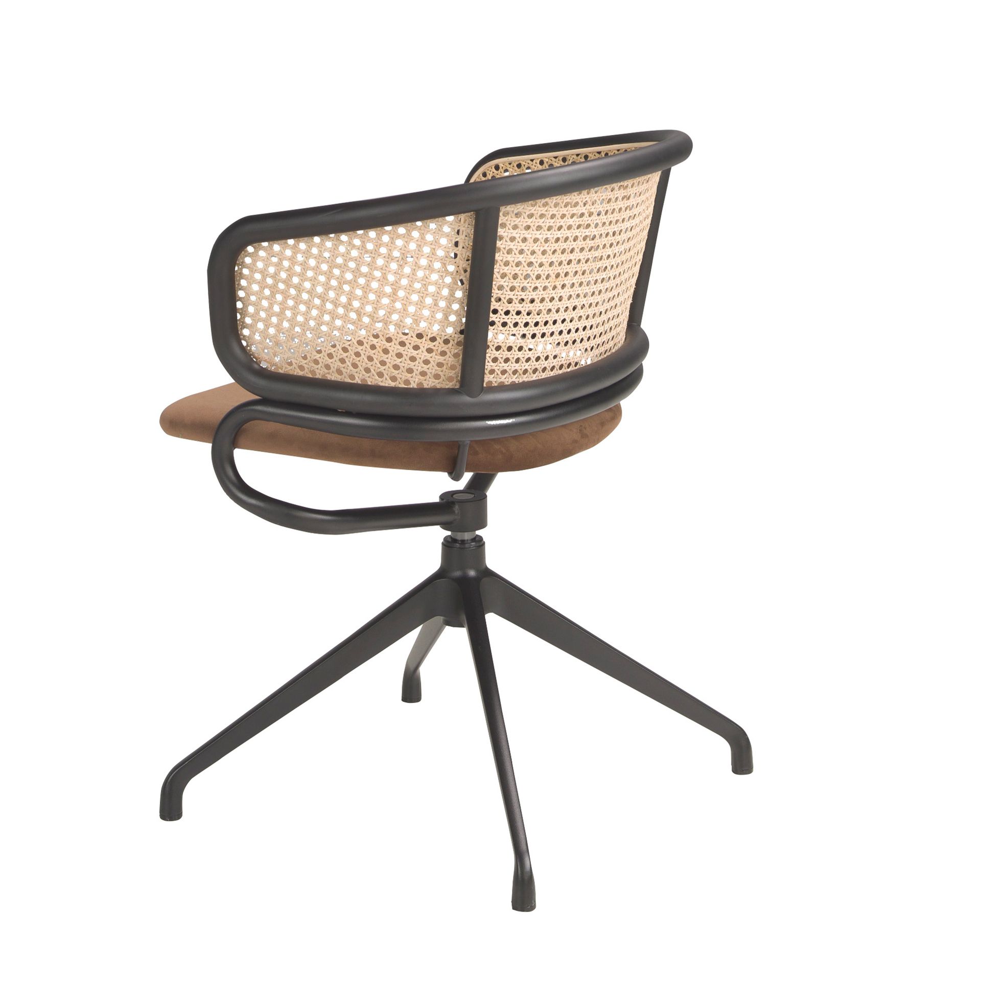 Rattan and brown velvet swivel chair