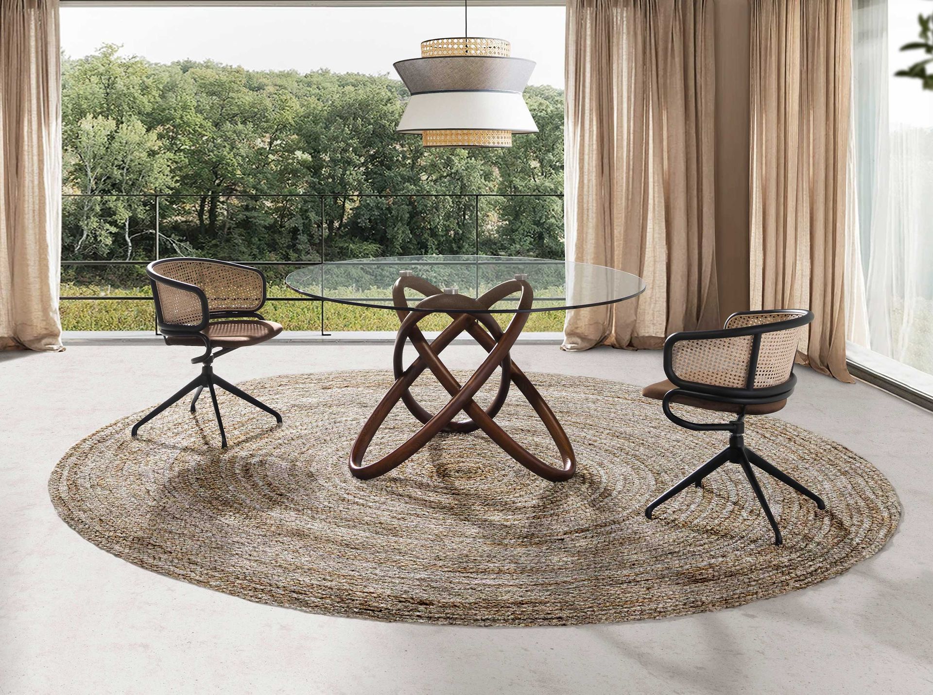 Rattan and brown velvet swivel chair