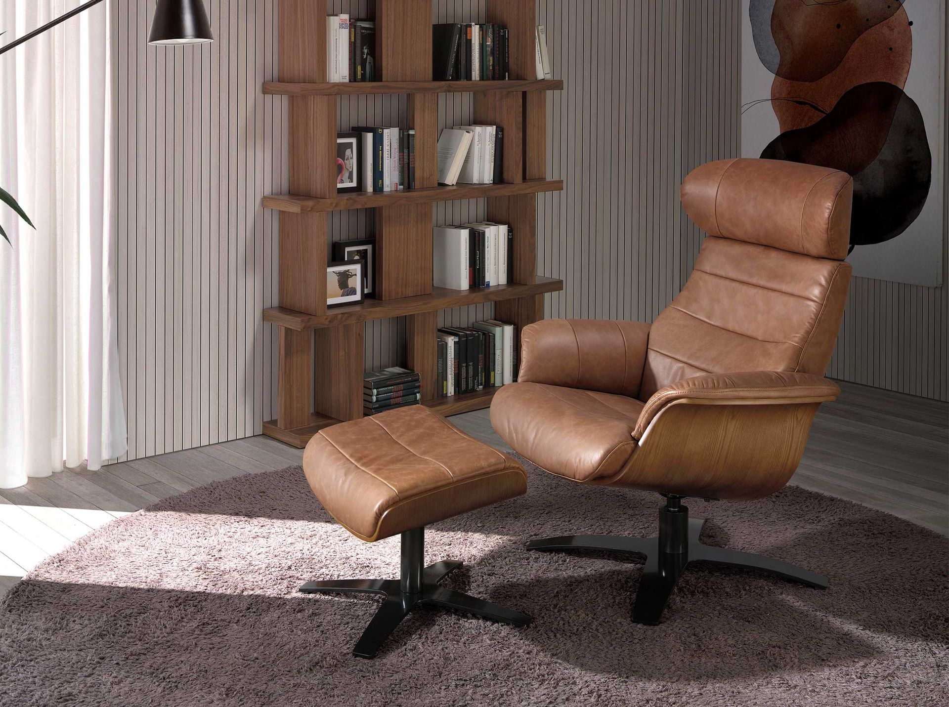 Reclining swivel armchair in brown leather