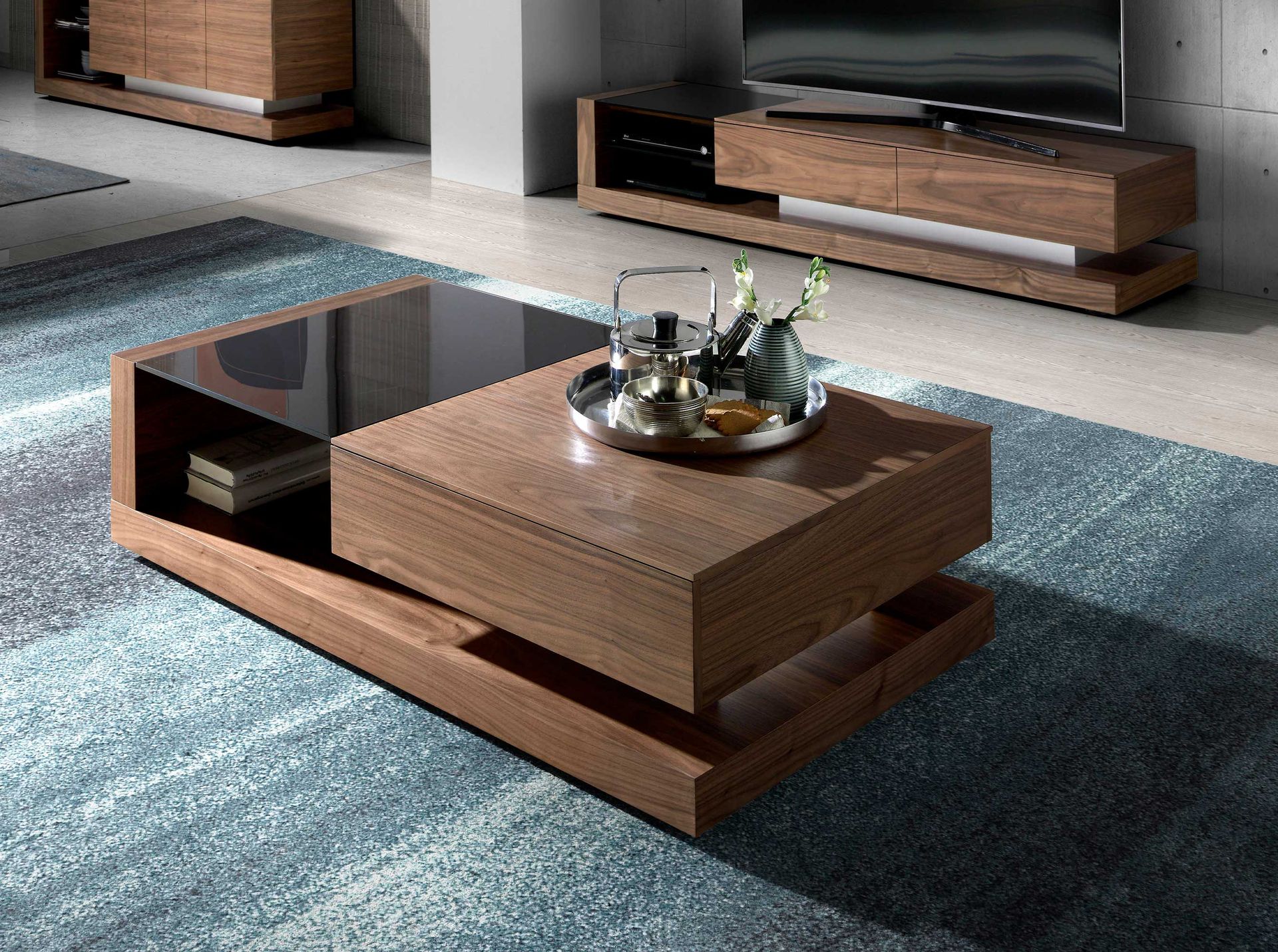 Rectangular coffee table Rectangular coffee table Black and walnut glass