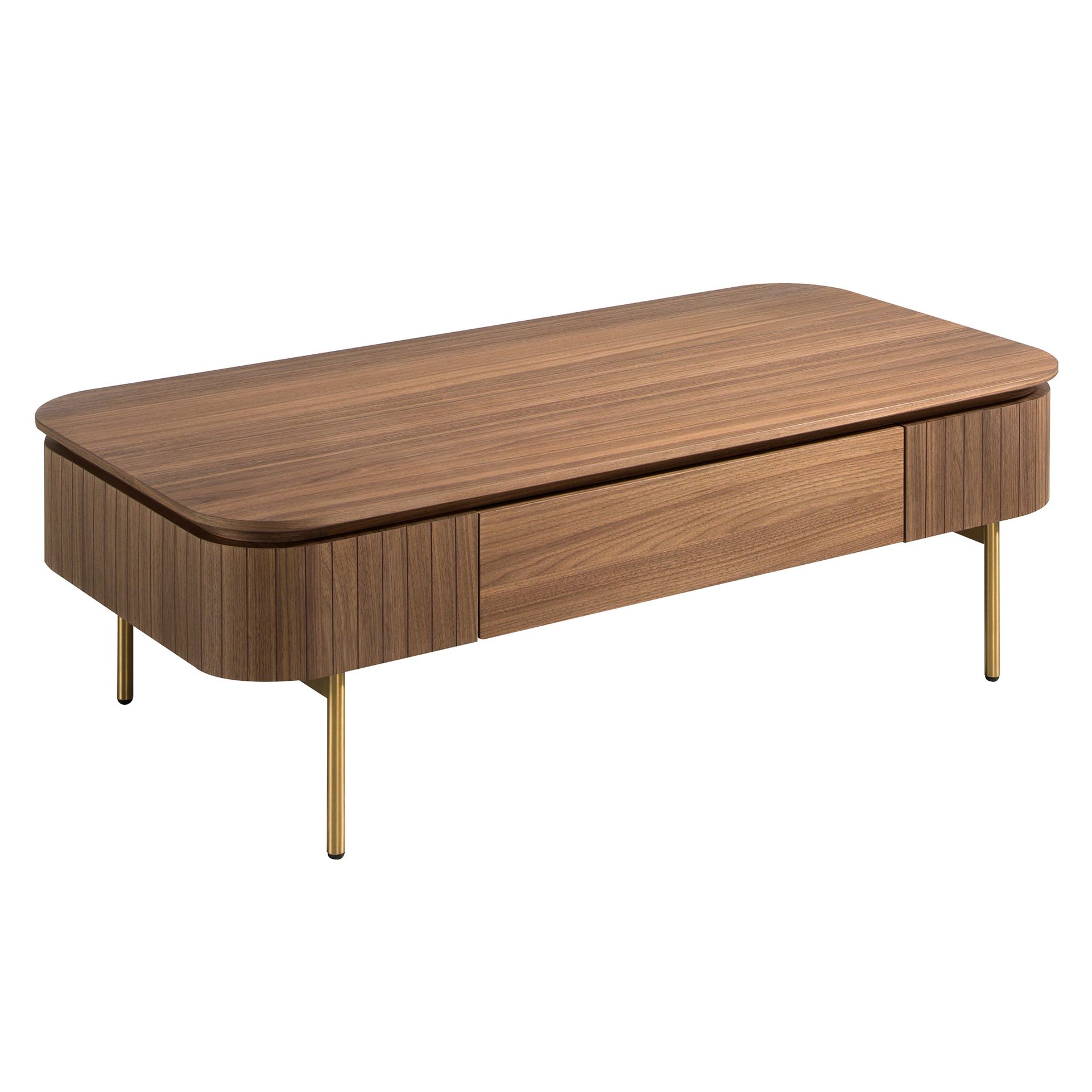 Rectangular coffee table in walnut and gold polished steel