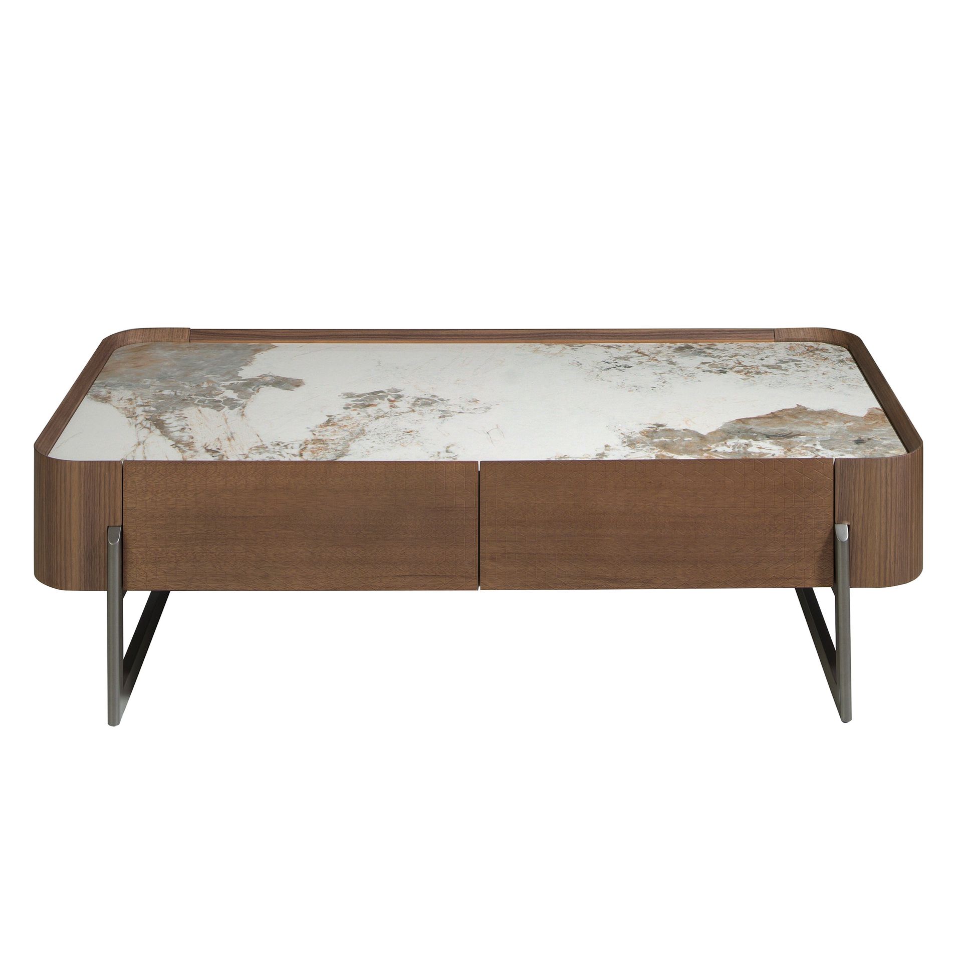 Rectangular coffee table in porcelain marble, walnut and dark metallic steel