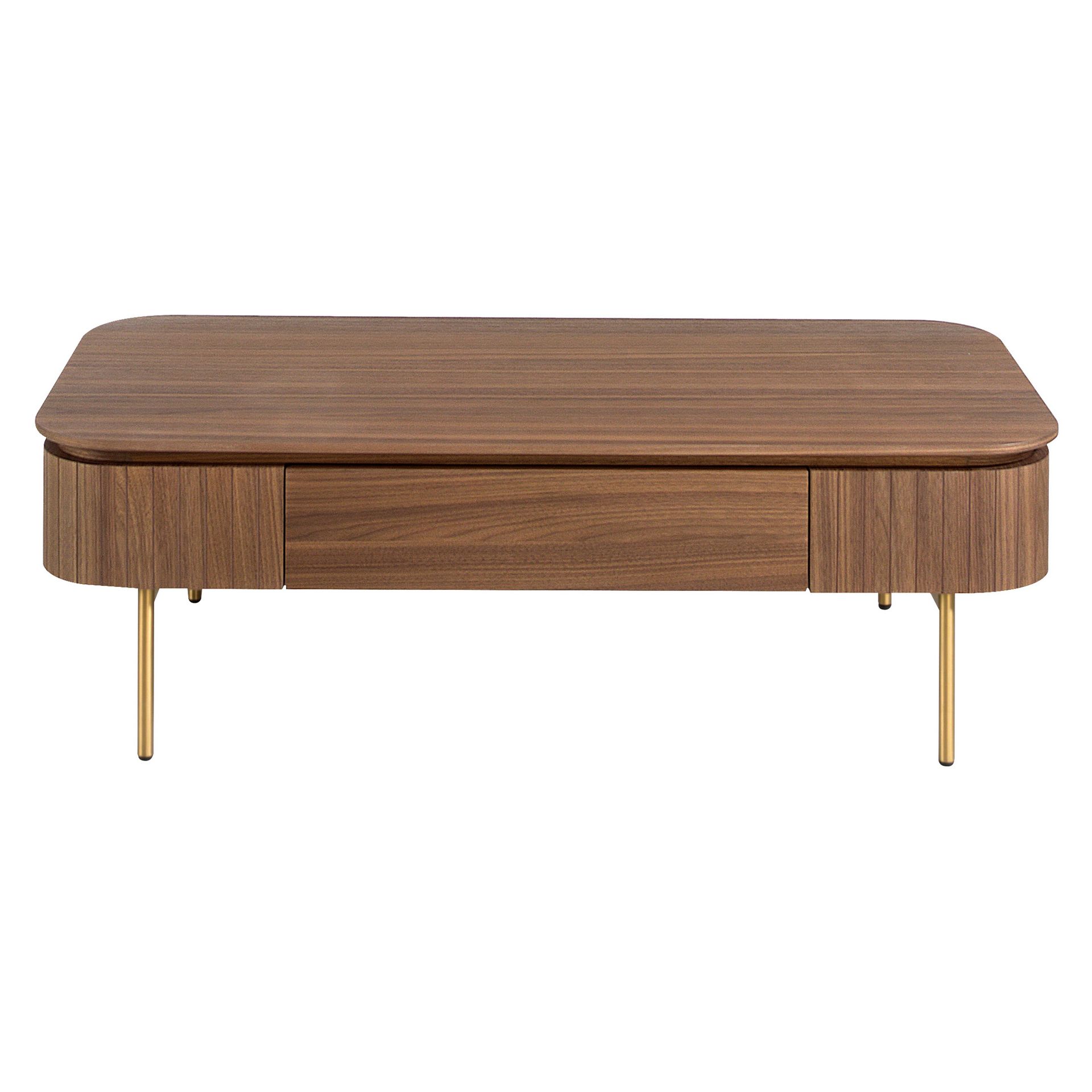 Rectangular coffee table in walnut and gold polished steel