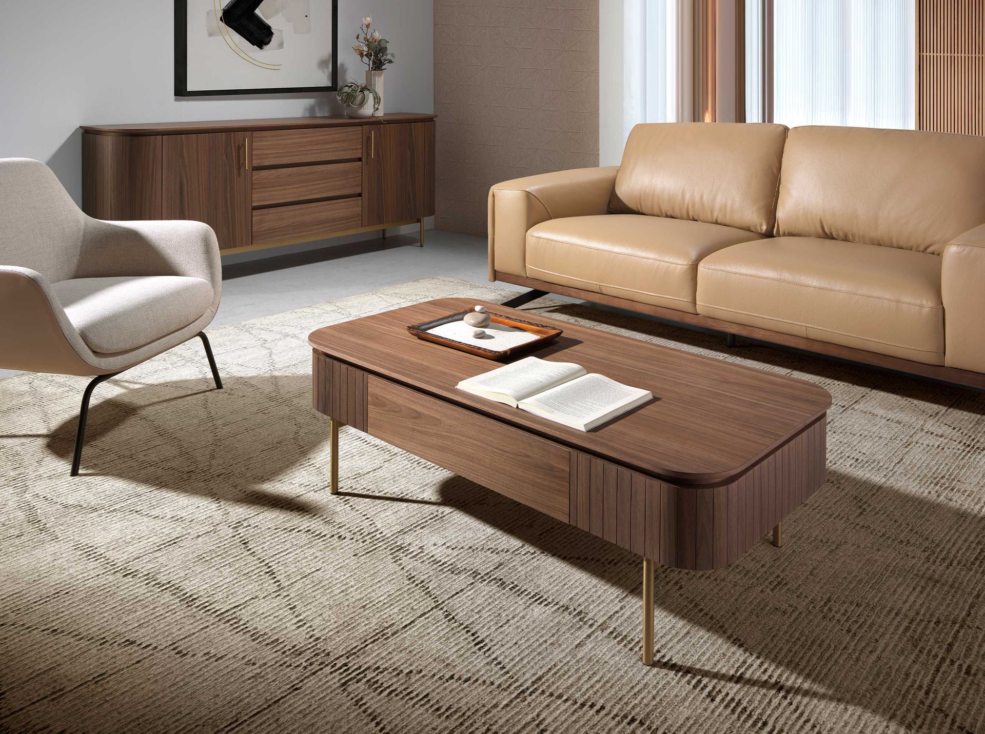 Rectangular coffee table in walnut and gold polished steel