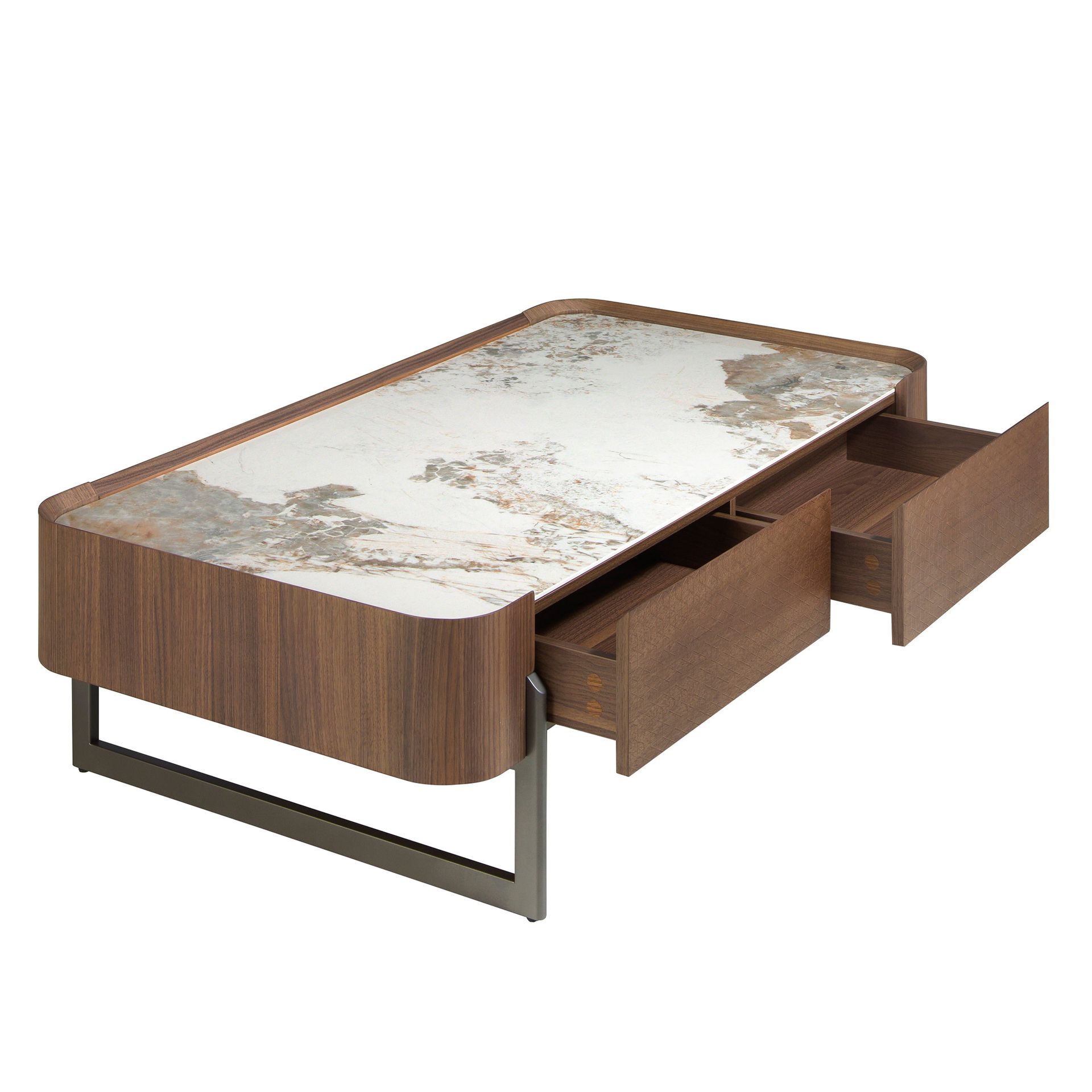 Rectangular coffee table in porcelain marble, walnut and dark metallic steel